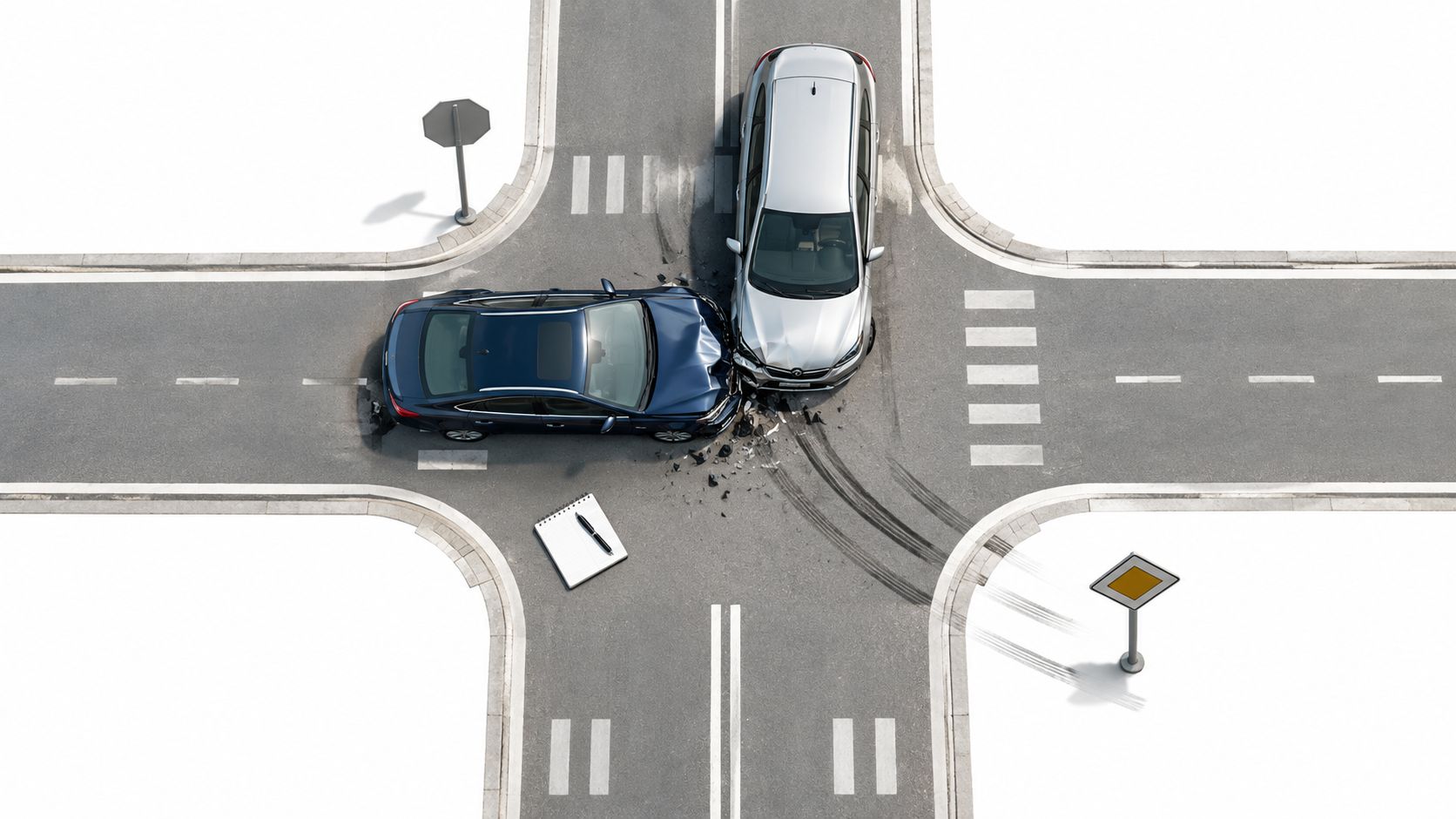 An aerial view of a car crash intersection involving a dark blue sedan and a silver SUV.