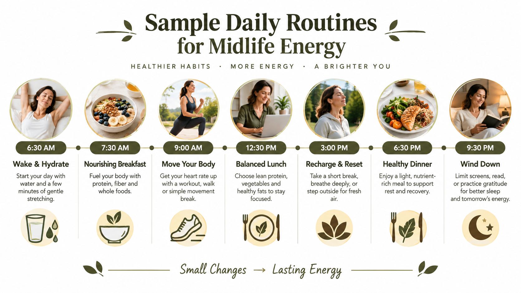 An infographic showing a healthy daily routine for midlife energy with suggestions from morning until bedtime.