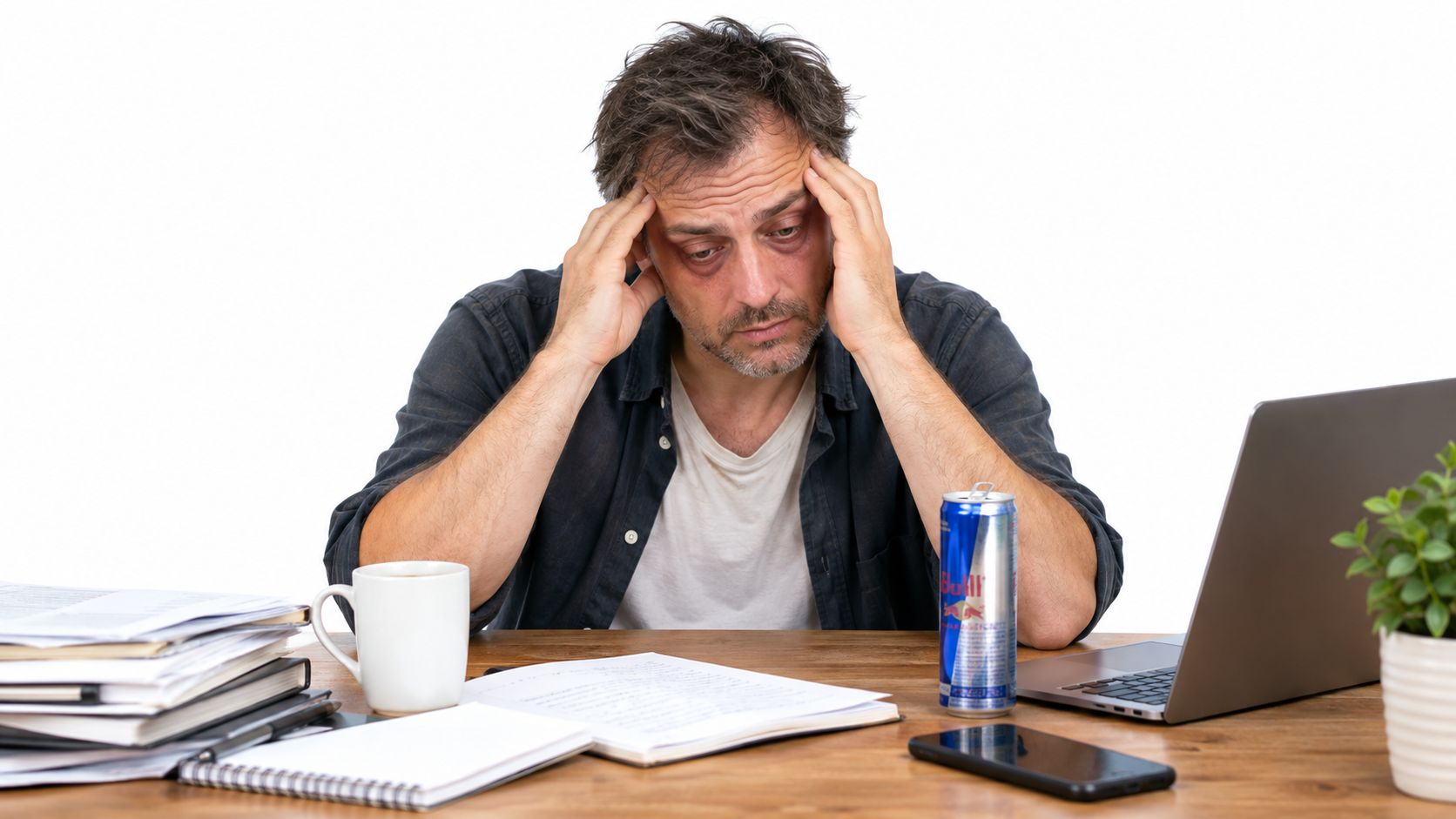 A tired, stressed middle-aged man sits at a desk with a laptop, documents, and an energy drink.