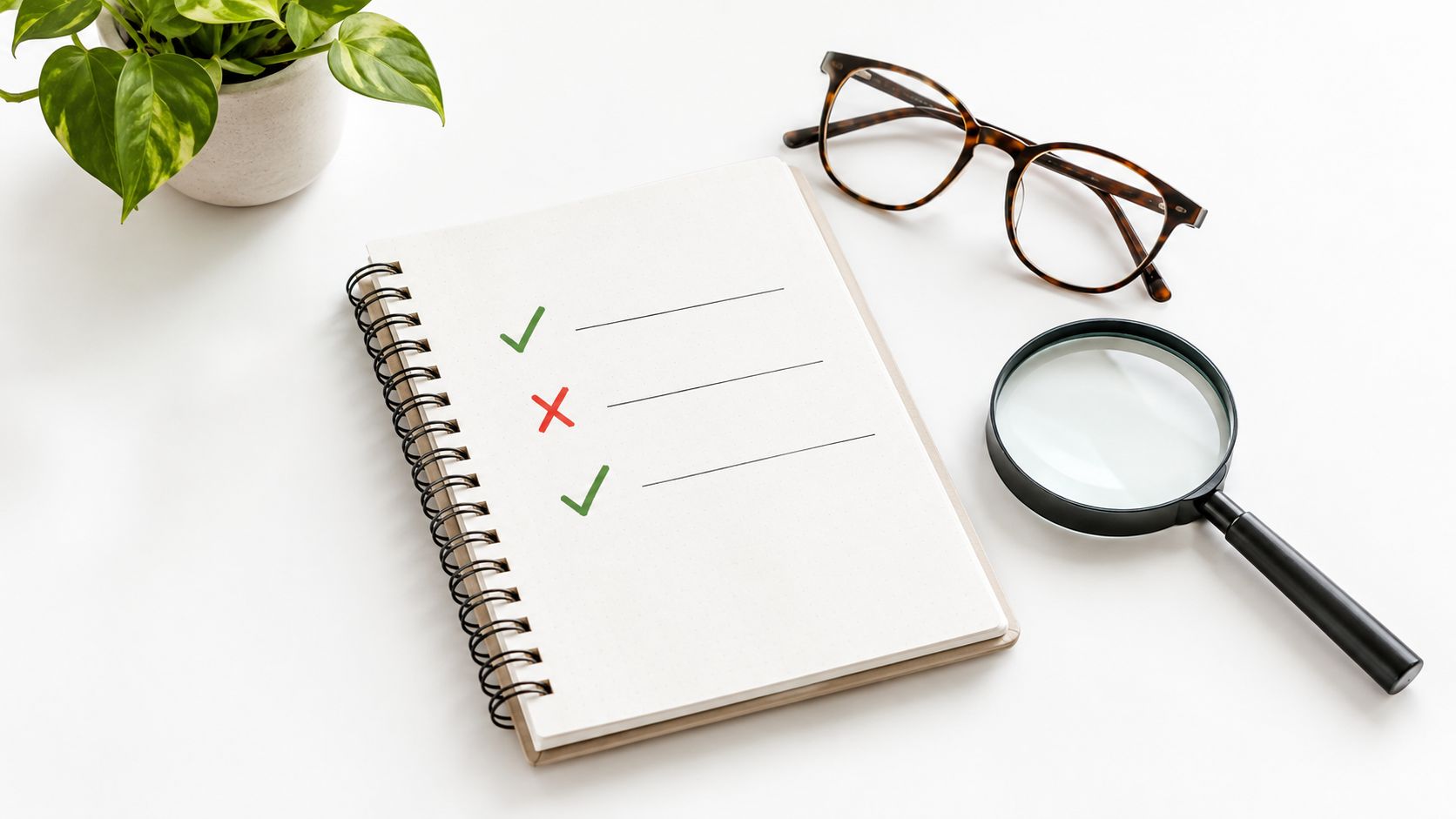 A spiral notebook with a checklist containing checkmarks and an x mark, eyeglasses, and magnifying glass.