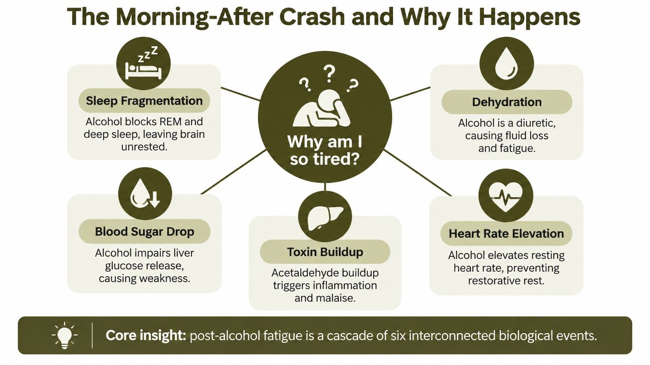 An infographic showing five biological reasons for morning-after fatigue caused by alcohol consumption and poor sleep.