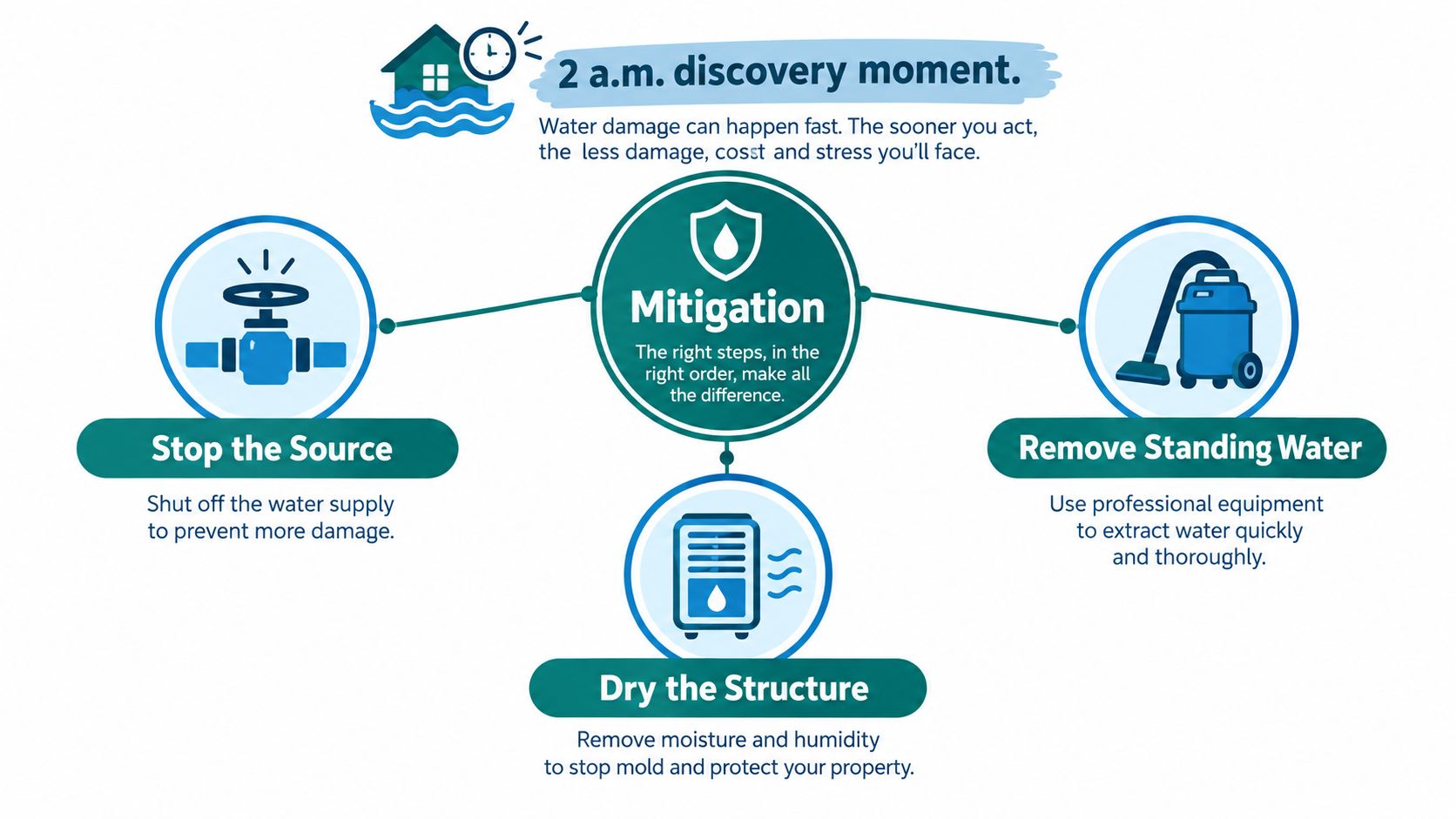 A diagram outlining three essential steps for effective water damage mitigation after discovering a leak.