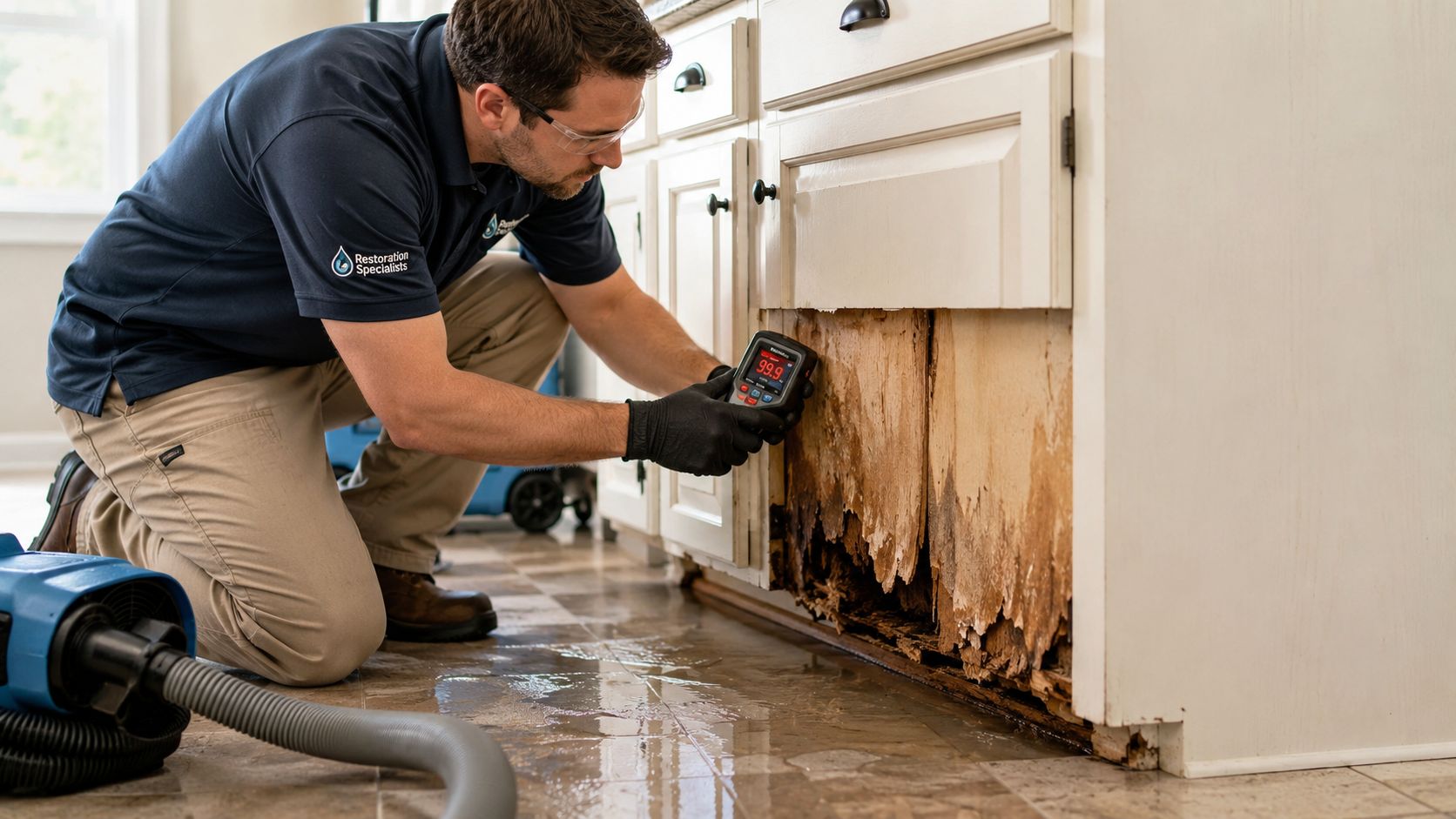 A restoration specialist using a moisture meter to inspect severe water damage on kitchen cabinets.