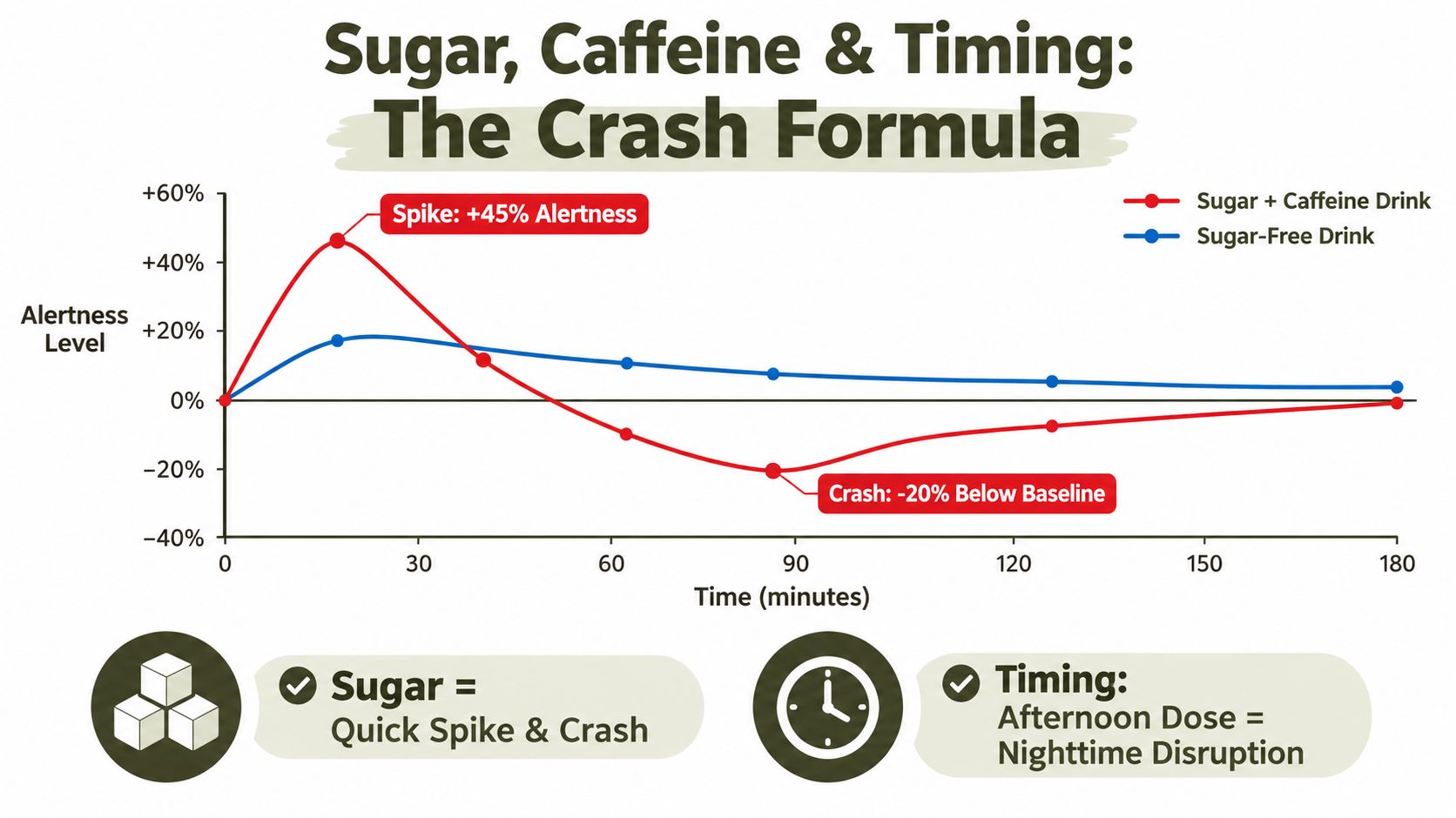 A line graph comparing alertness levels over time after consuming sugary versus sugar-free energy drinks.