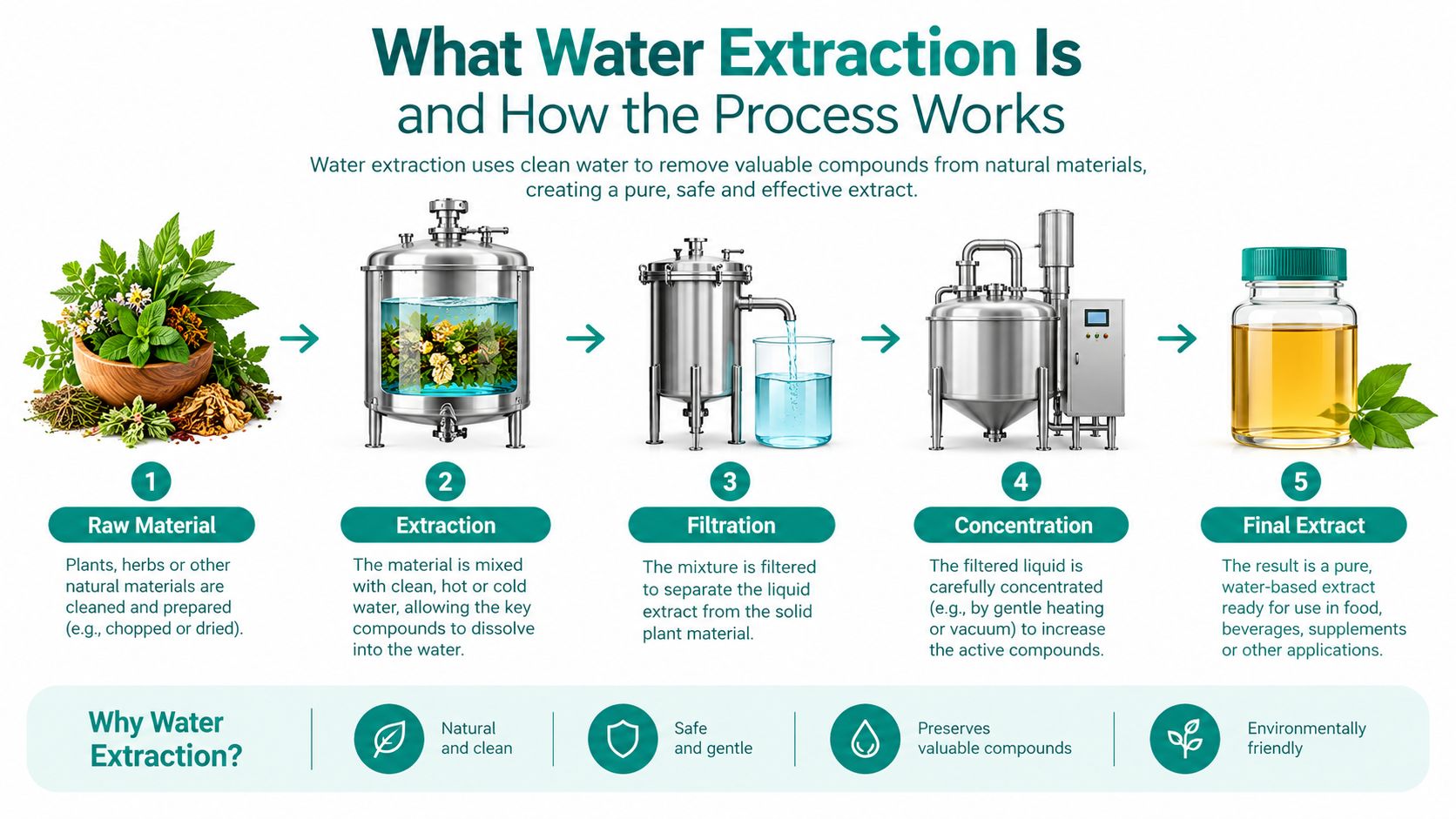 A five-step infographic showing the industrial water extraction process from raw plant materials to finished liquid extract.
