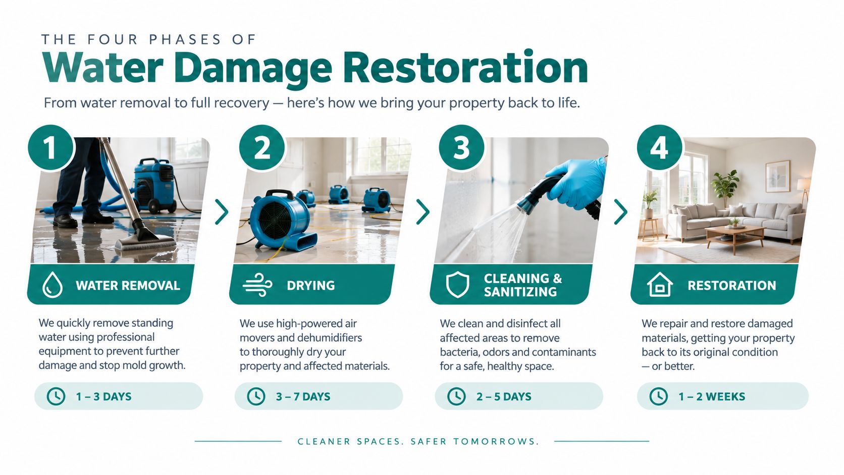 An infographic detailing the four phases of water damage restoration, including timelines for removal, drying, cleaning, and repair.