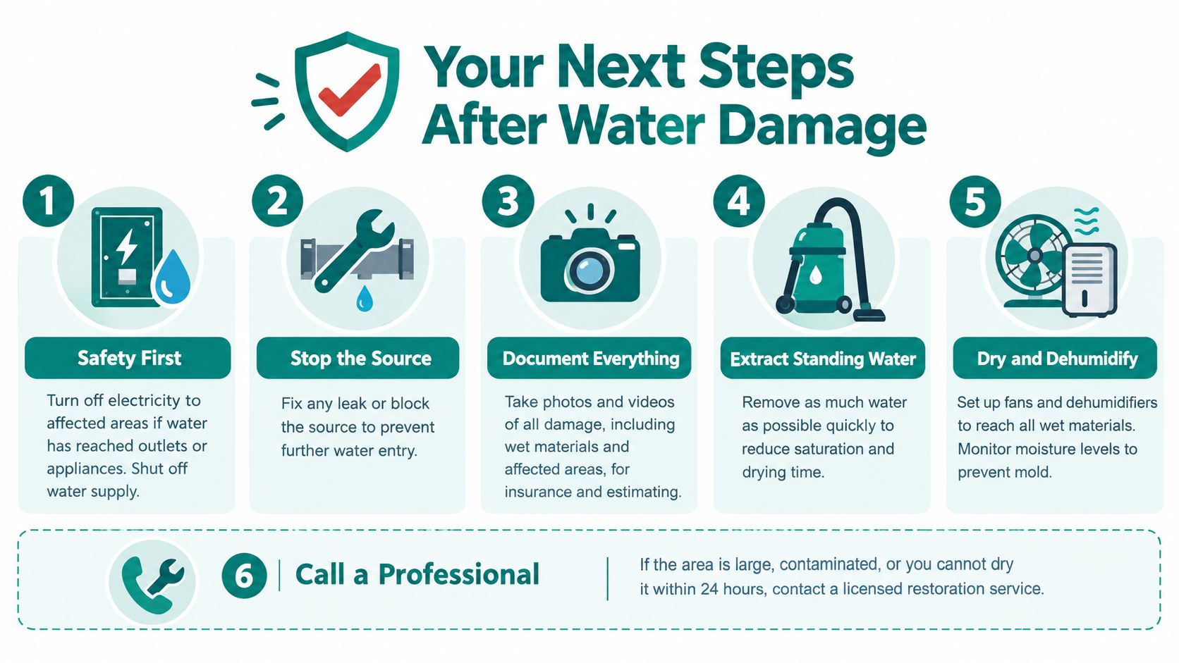 An infographic titled Your Next Steps After Water Damage detailing six essential actions to take after flooding.