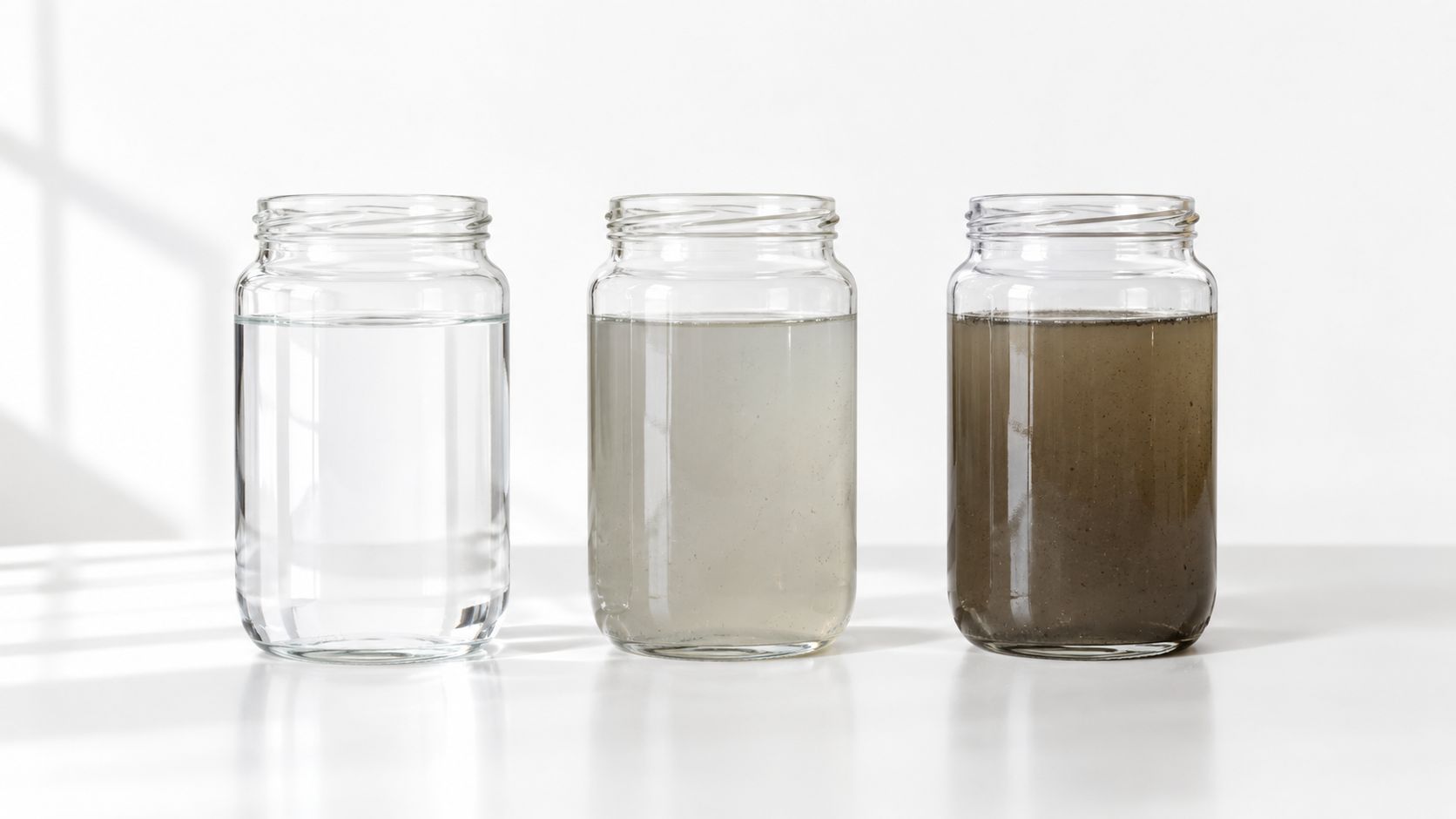 Three glass jars containing water with varying levels of clarity, from clear to very murky and sediment-filled.