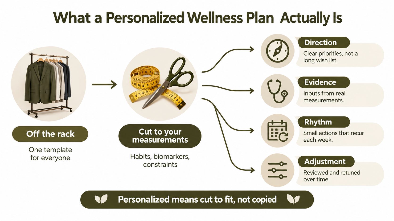 An infographic titled What a Personalized Wellness Plan Actually Is, comparing off-the-rack plans to customized wellness strategies.