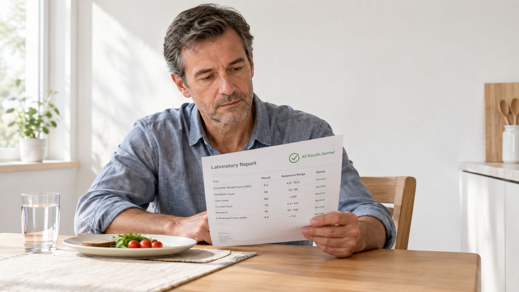 A middle-aged man reviewing a healthy medical laboratory report at a kitchen table while eating lunch.