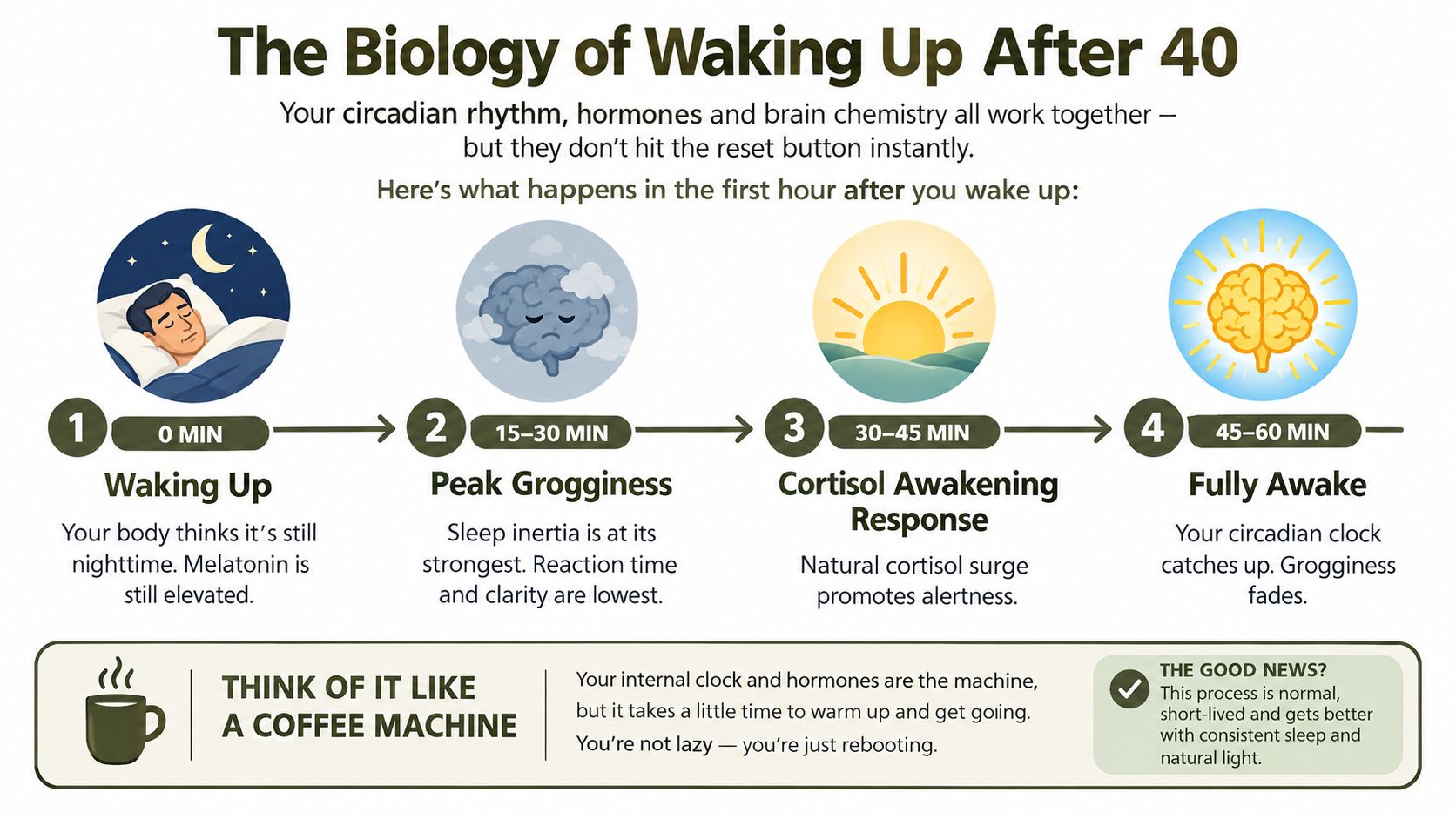 An infographic titled The Biology of Waking Up After 40 showing four stages of waking up.