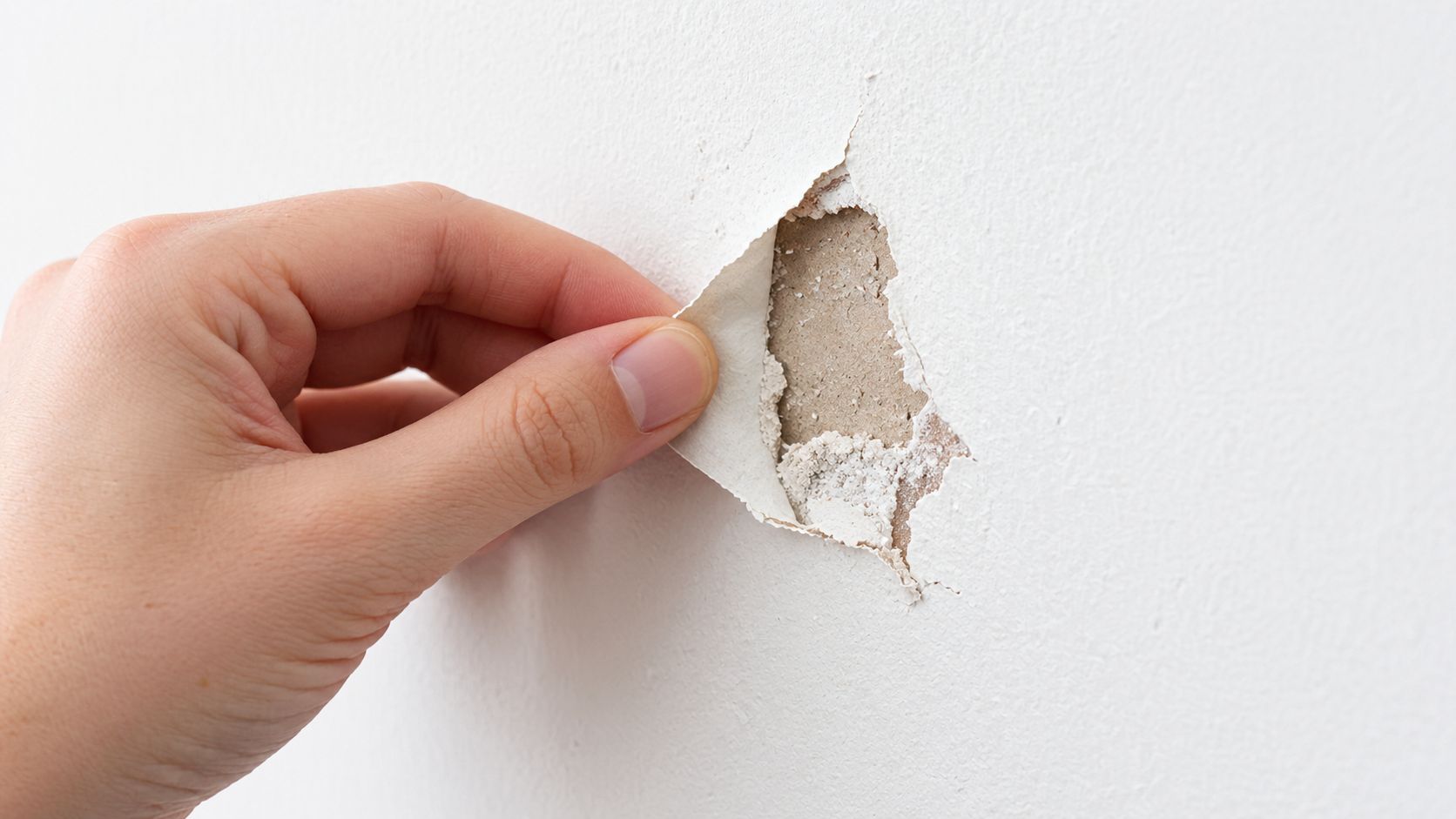 A close-up view of a person peeling back damaged, bubbling white paint from a wall surface.