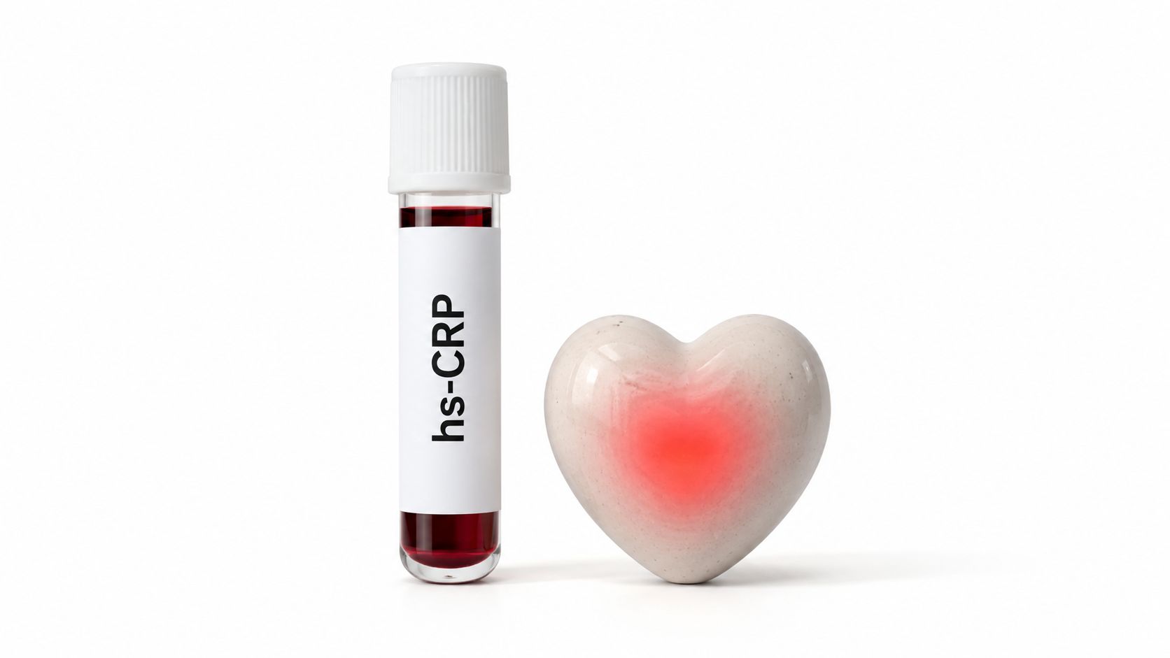 A blood test vial labeled hs-CRP next to a white heart model glowing with red inflammation.