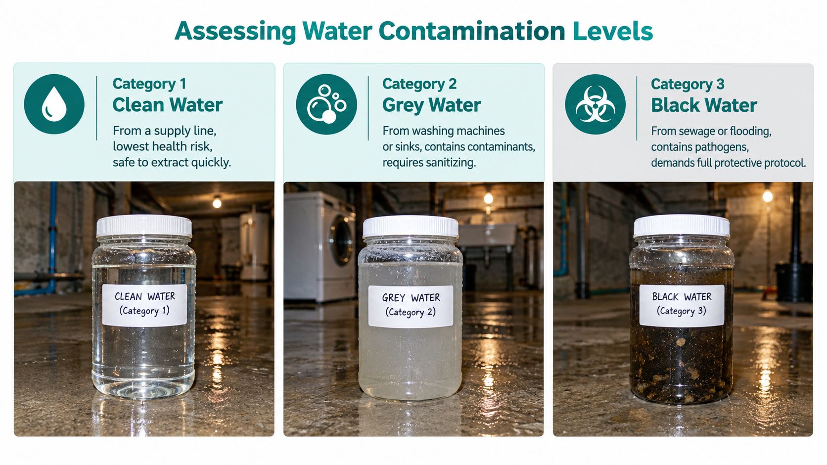 A visual guide comparing three categories of water contamination including clean, grey, and black water samples.