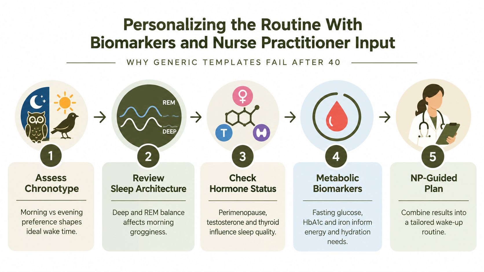 A five-step infographic illustrating a personalized health routine based on biomarkers and nurse practitioner guidance.