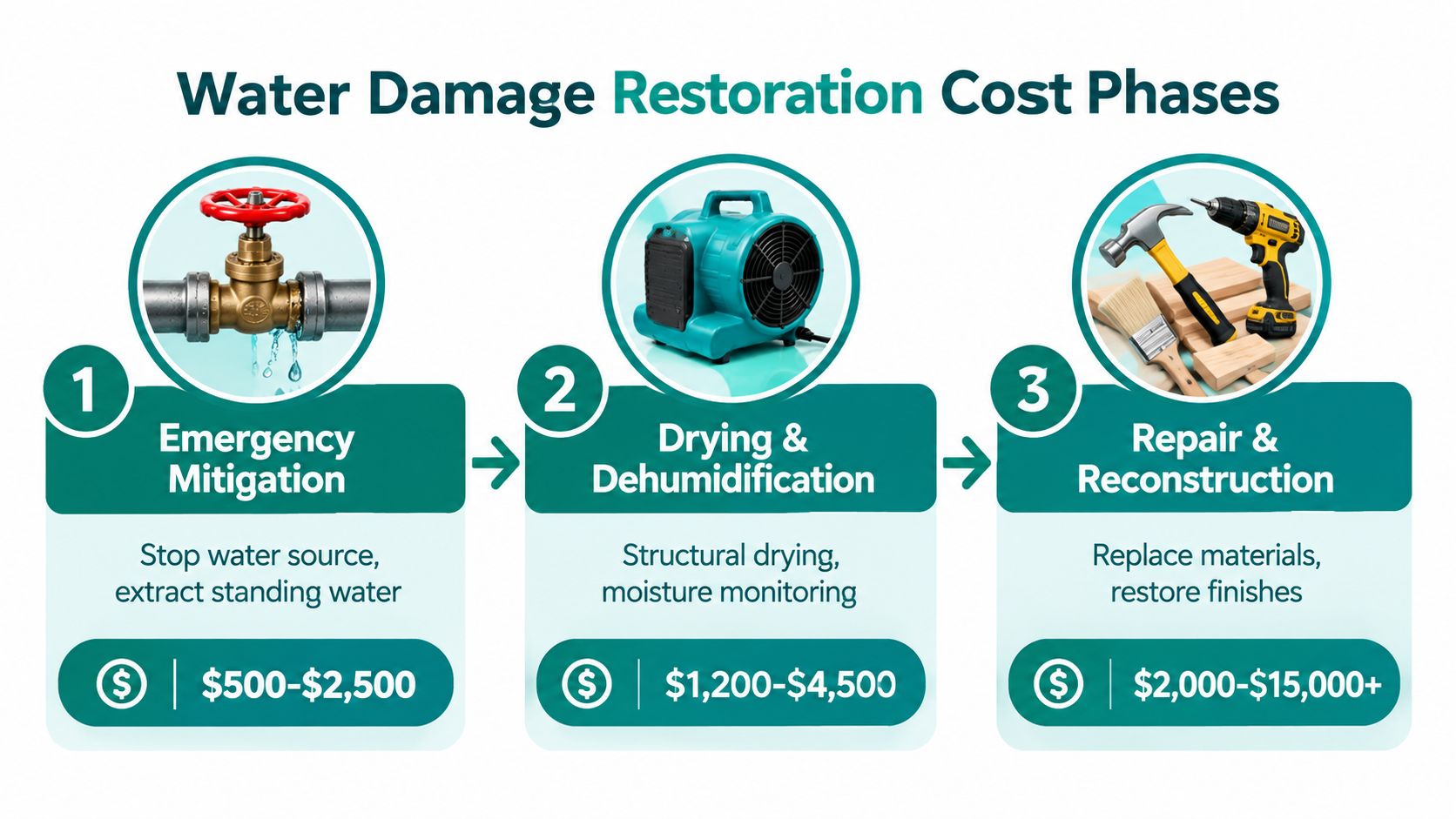 A diagram outlining the three phases of water damage restoration costs, including mitigation, drying, and reconstruction services.