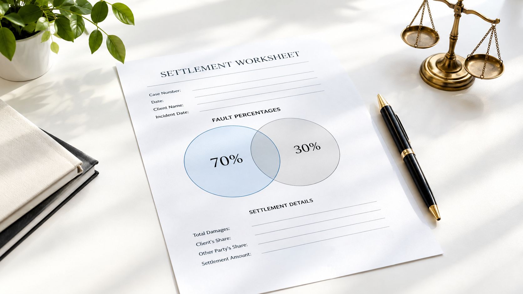 A settlement worksheet with fault percentages on a desk beside a pen and law scales.