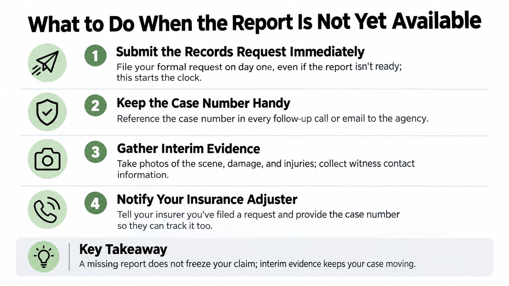 A helpful infographic outlining four steps to take when a police report is not yet available.