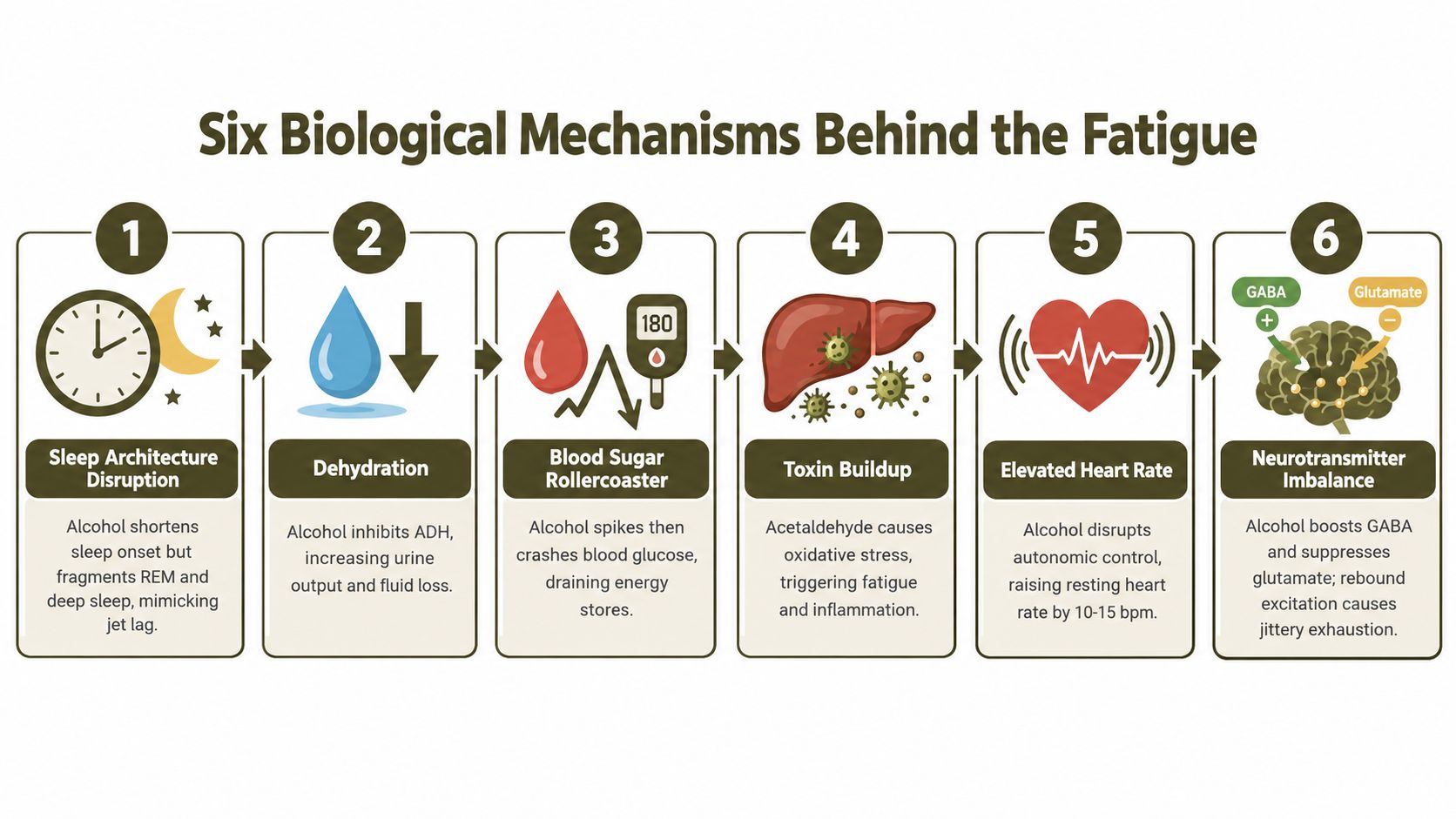 An infographic illustrating the six biological mechanisms behind fatigue caused by consuming alcohol.