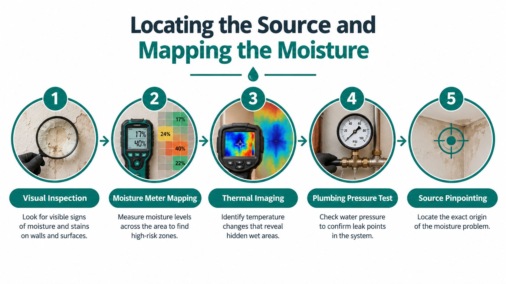 A step-by-step infographic showing five methods for identifying and locating leaks in residential walls and structures.