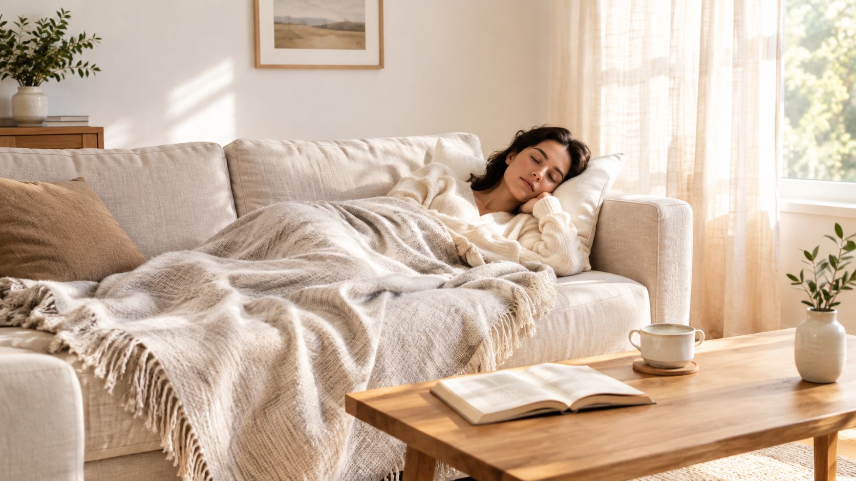 A young woman peacefully sleeping on a comfortable beige sofa covered with a soft, cozy throw blanket.