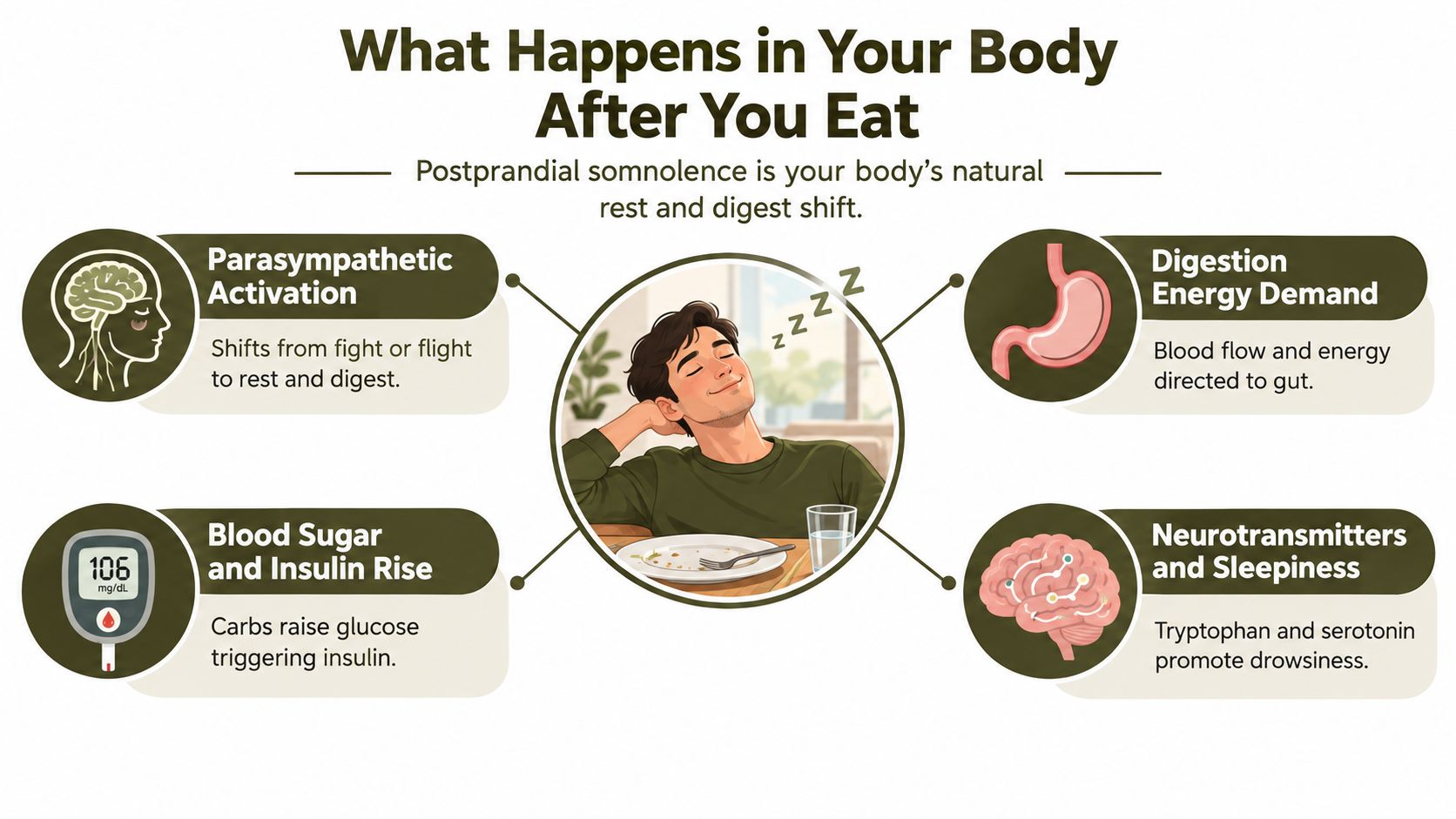 An infographic explaining the four main biological reasons why people experience sleepiness after eating a meal.