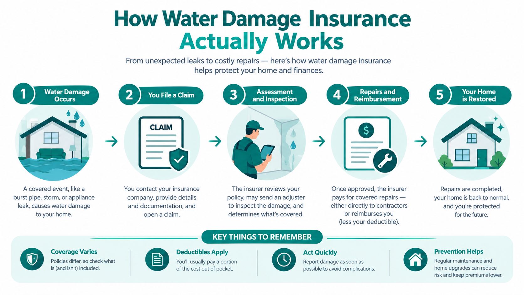 A step-by-step infographic illustrating the water damage insurance claim process from initial incident to home restoration.