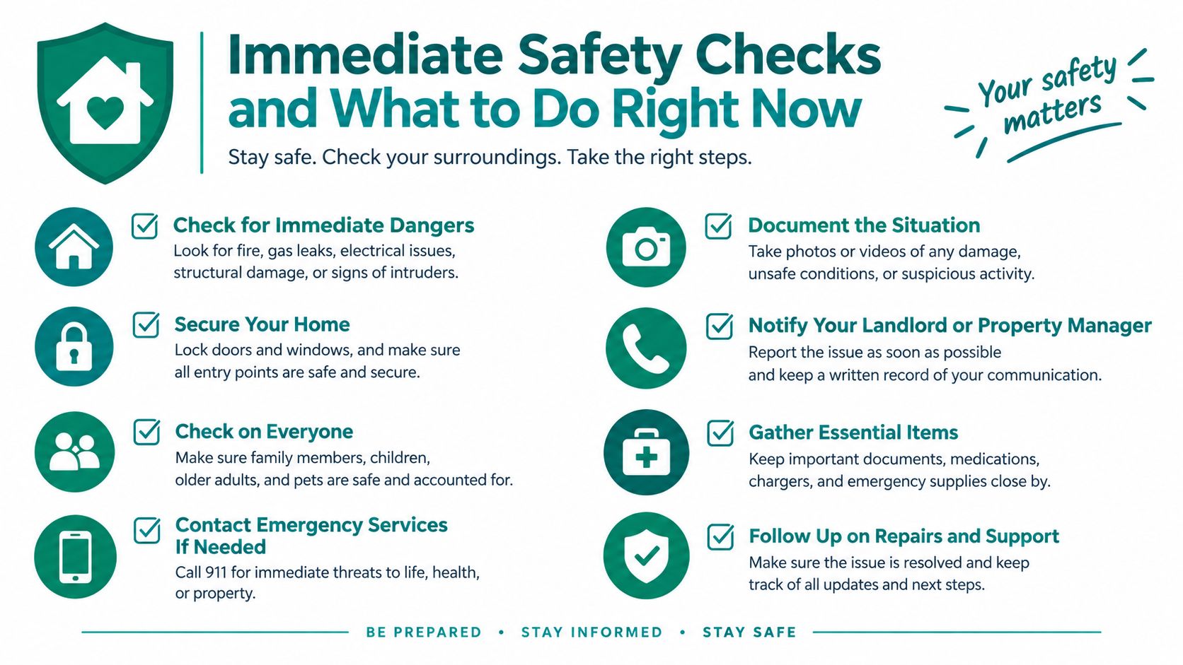 A safety infographic titled Immediate Safety Checks and What to Do Right Now with instructions for homeowners.