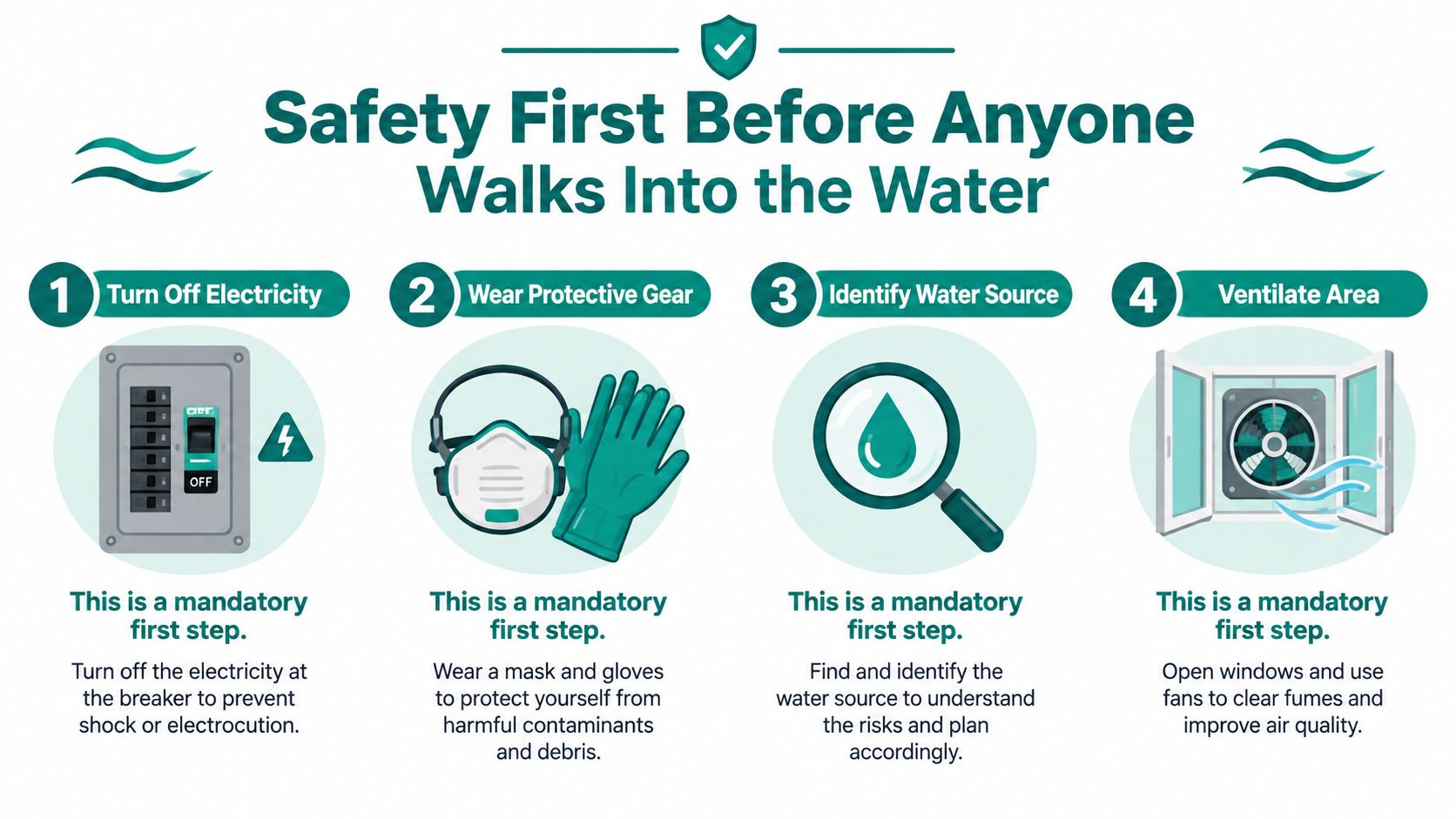 An infographic showing four mandatory safety steps to follow before entering a flooded water area.