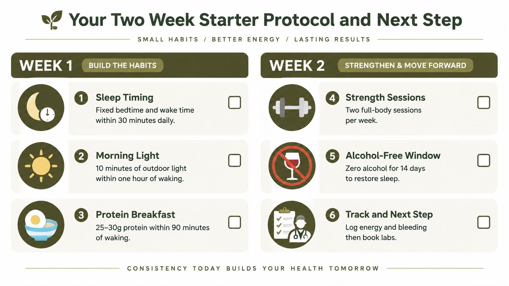 A two-week health starter protocol infographic featuring six daily habits for better energy and lasting results.