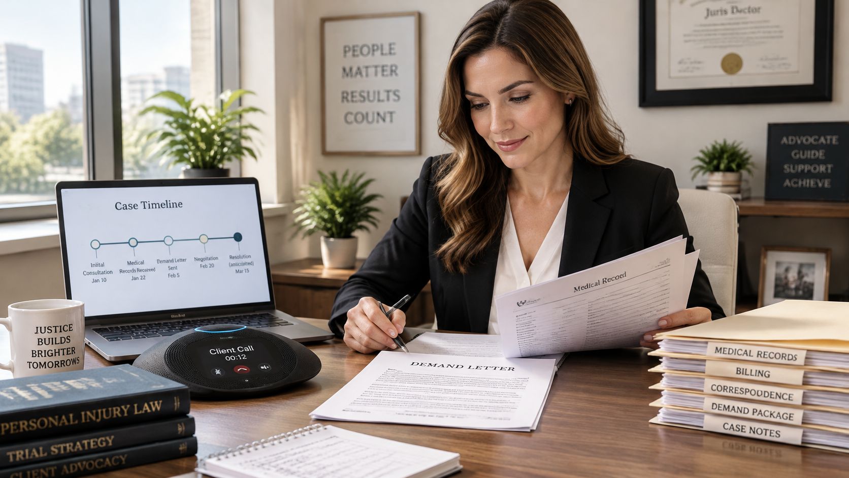 A female lawyer reviewing medical records and writing a demand letter at her desk in a law office.