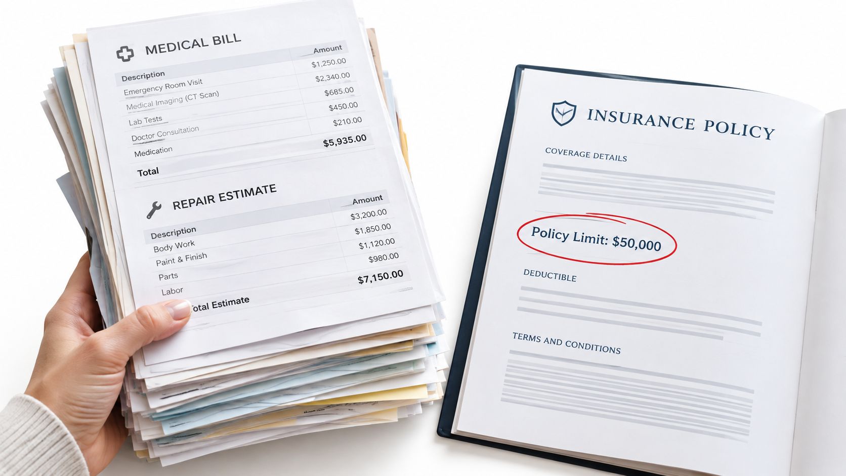 A hand holding a stack of medical and repair bills next to an open insurance policy document.