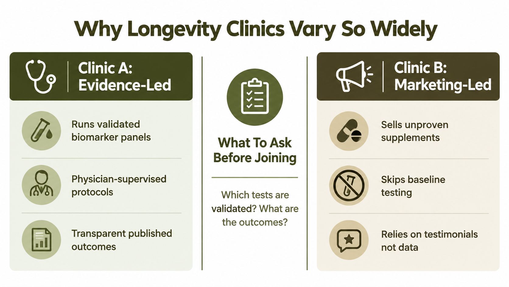 A comparison chart showing differences between evidence-led and marketing-led longevity clinics for patient guidance.