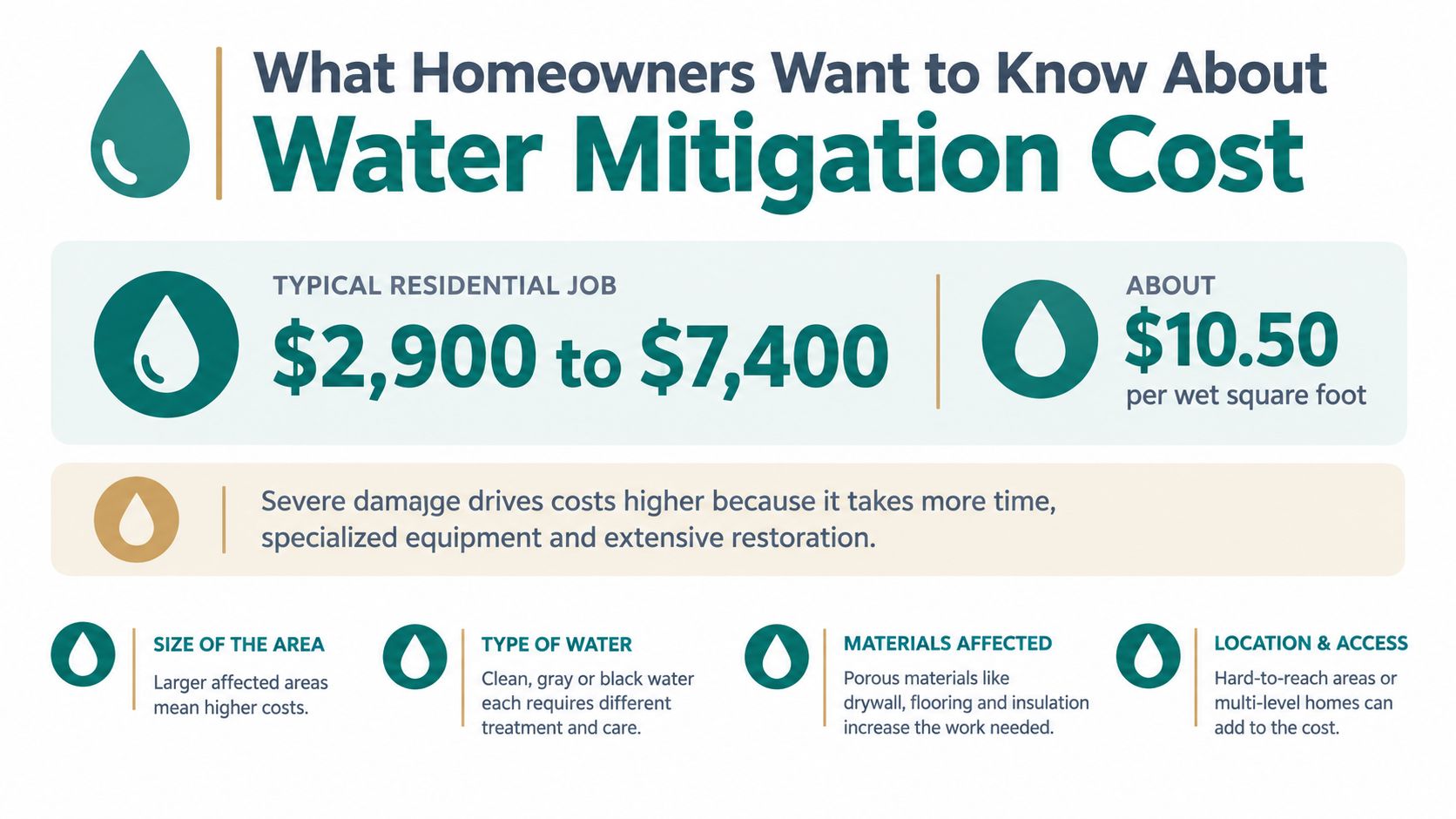 An infographic showing the typical residential cost of water mitigation, ranging from $2,900 to $7,400.