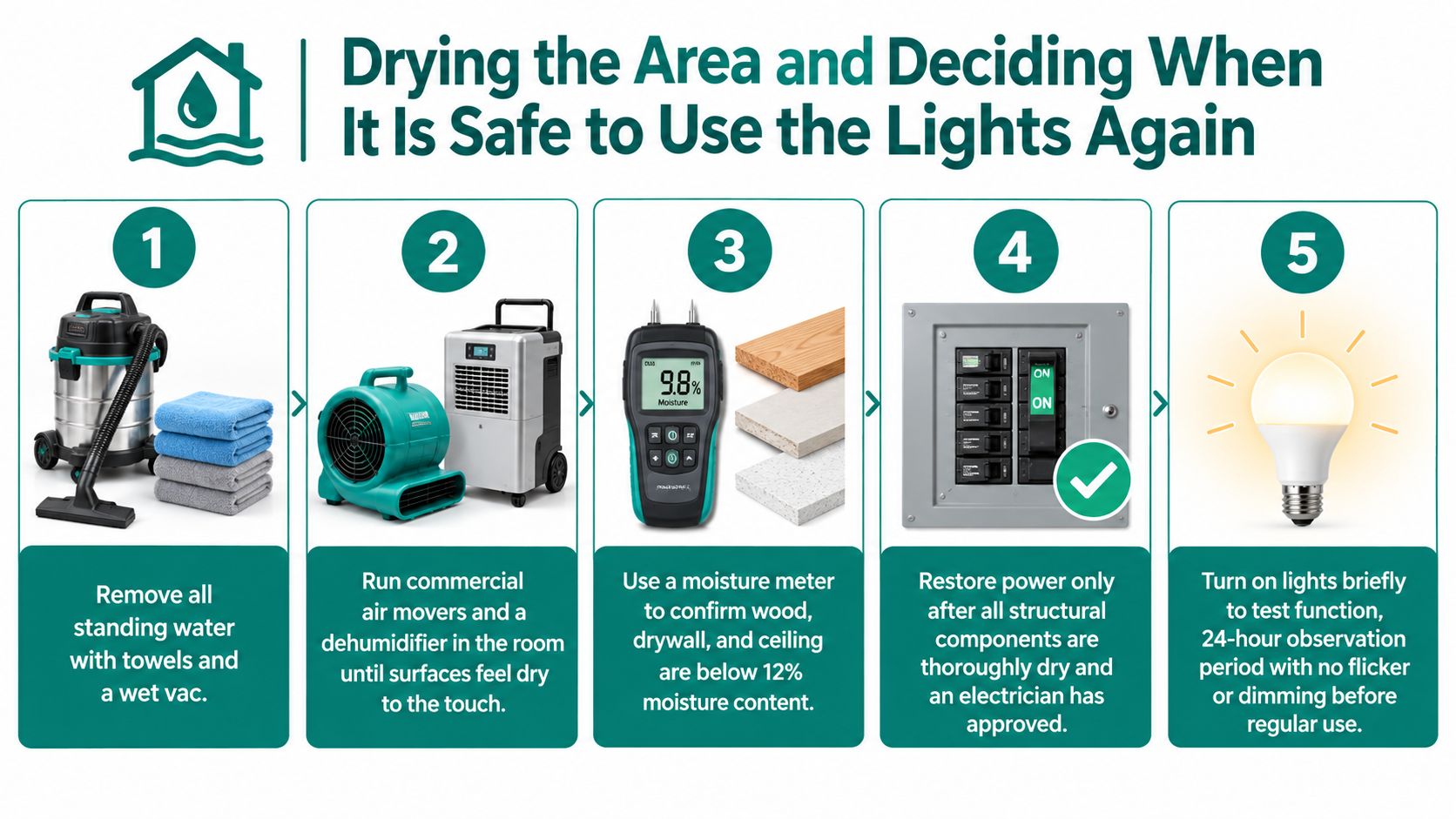 A five-step guide on how to dry an area and safely restore lighting after water damage.