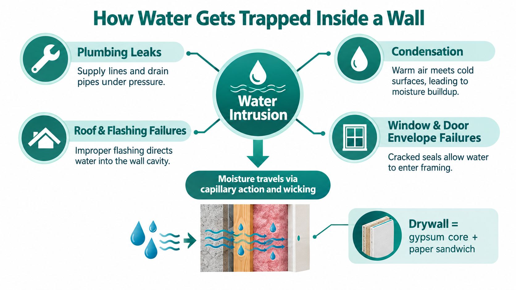 A diagram illustrating how plumbing leaks, roof failures, and condensation cause water intrusion and mold behind drywall.