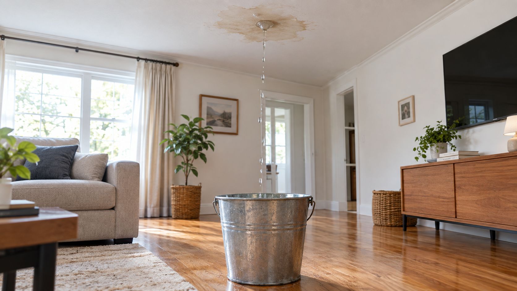 A metal bucket collecting water leaking from a damaged ceiling in a living room interior.