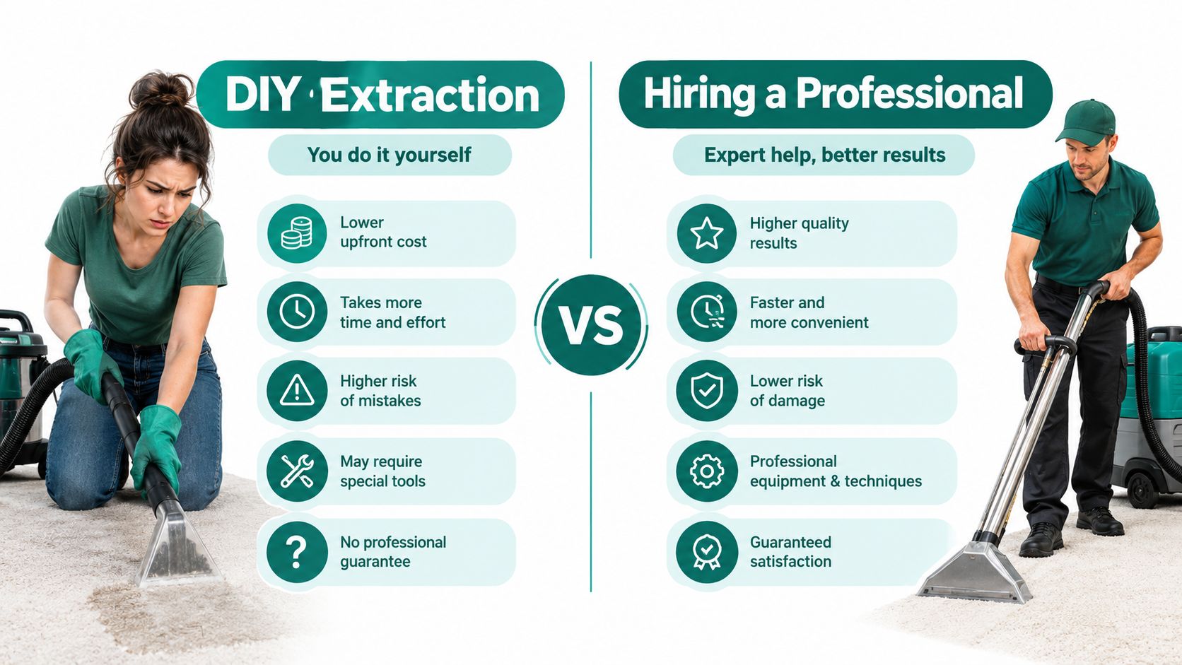 A comparison chart showing the pros and cons of DIY water extraction versus hiring a professional cleaner.