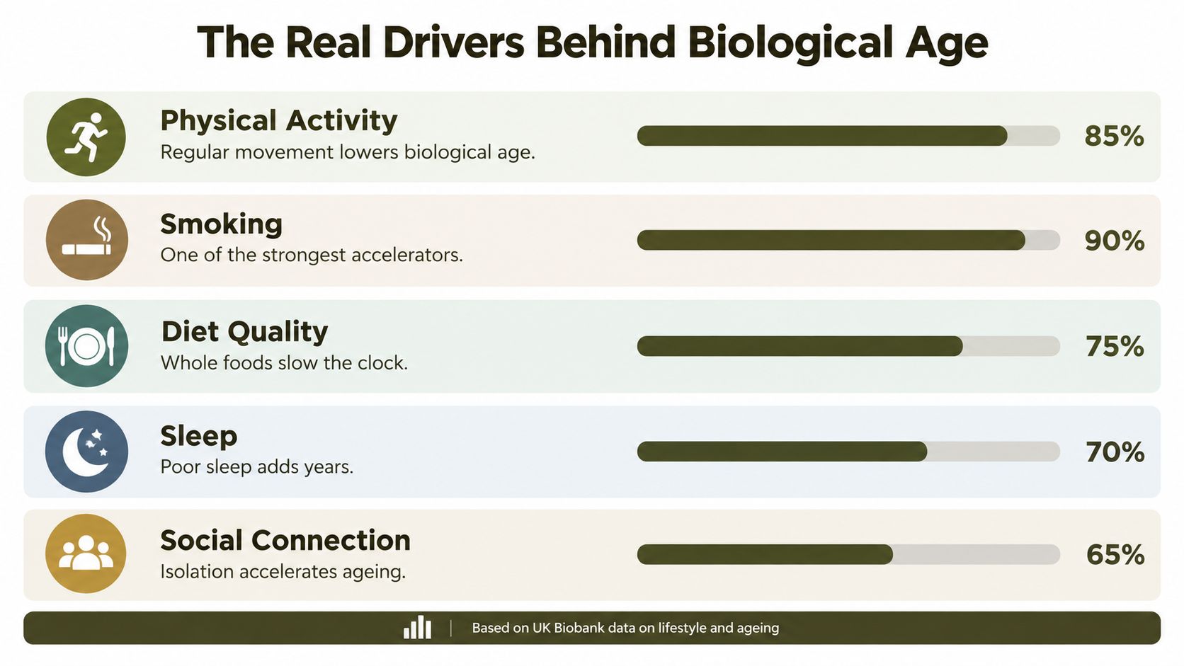 An infographic titled The Real Drivers Behind Biological Age, listing physical activity, smoking, diet, sleep, and social connection.