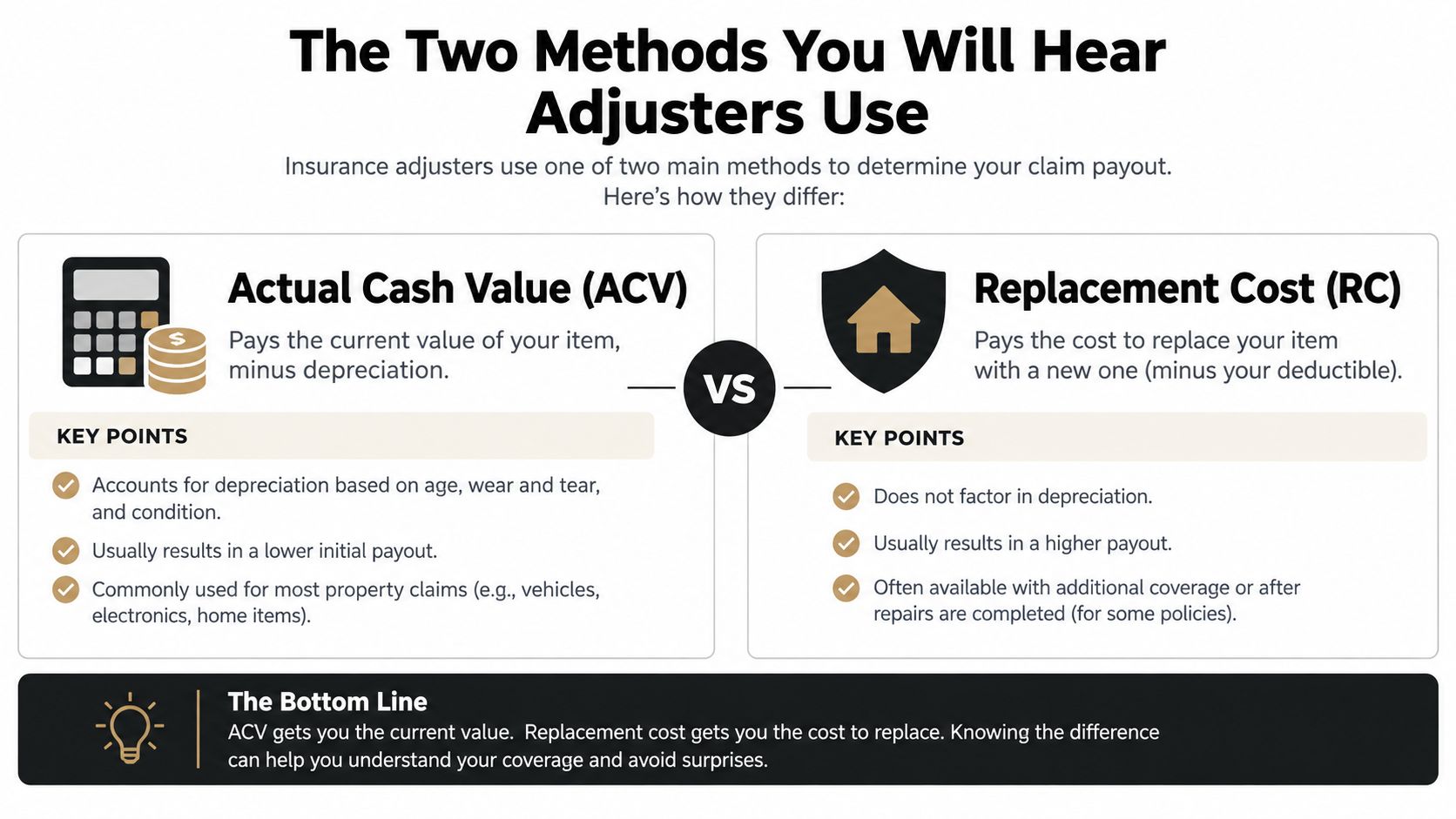An infographic explaining the differences between Actual Cash Value and Replacement Cost in insurance claim payouts.