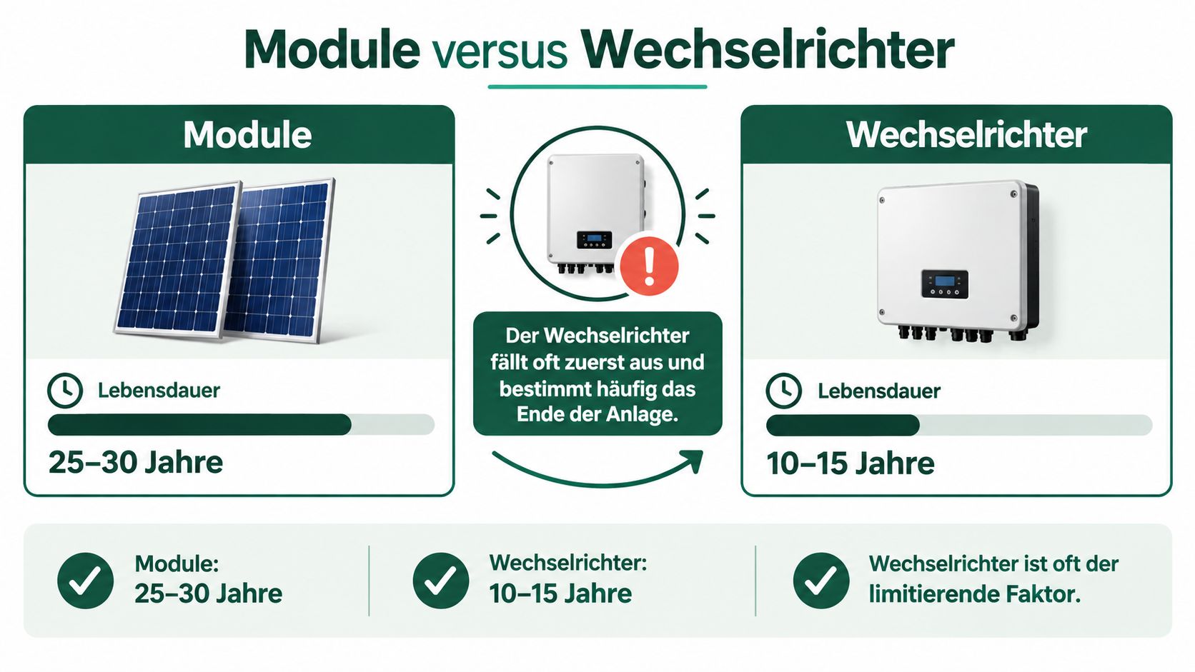 Vergleich der Lebensdauer von Solar-Modulen und Wechselrichtern in einer Photovoltaik-Anlage zur Veranschaulichung der Wartungskosten.