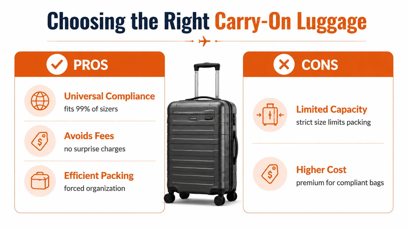 A comparison chart showing the pros and cons of using compliant carry-on luggage for air travel.