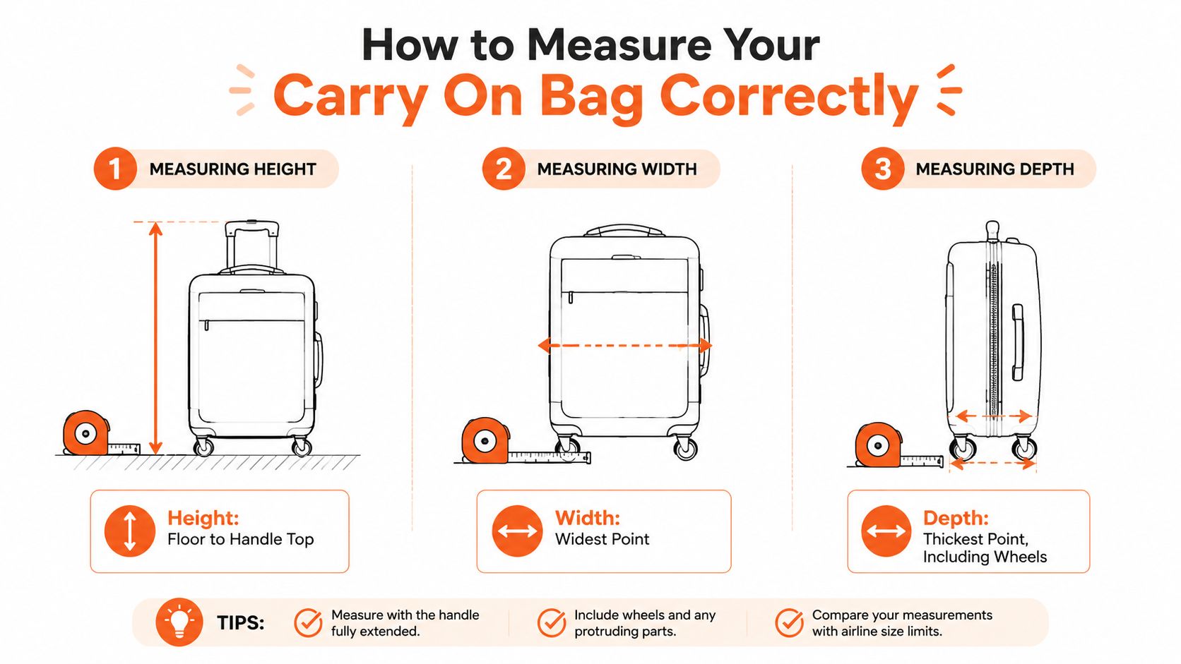 An infographic showing how to measure the height, width, and depth of a carry on luggage bag.