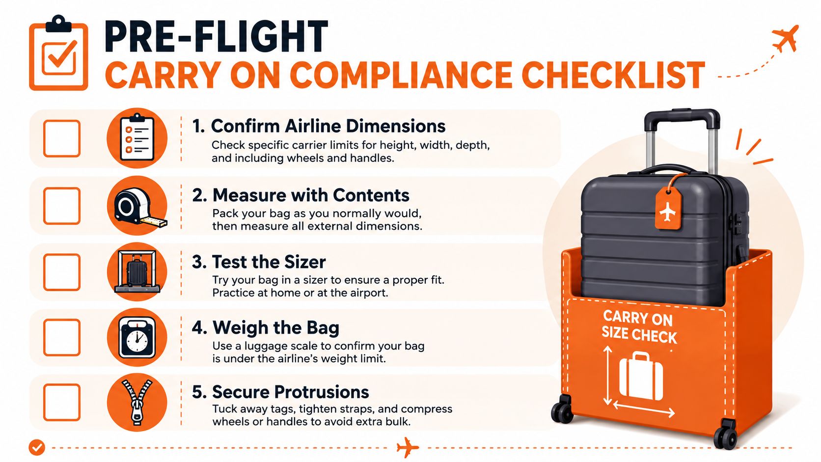 A travel checklist for carry-on bag compliance showing five steps and a luggage size test bin.