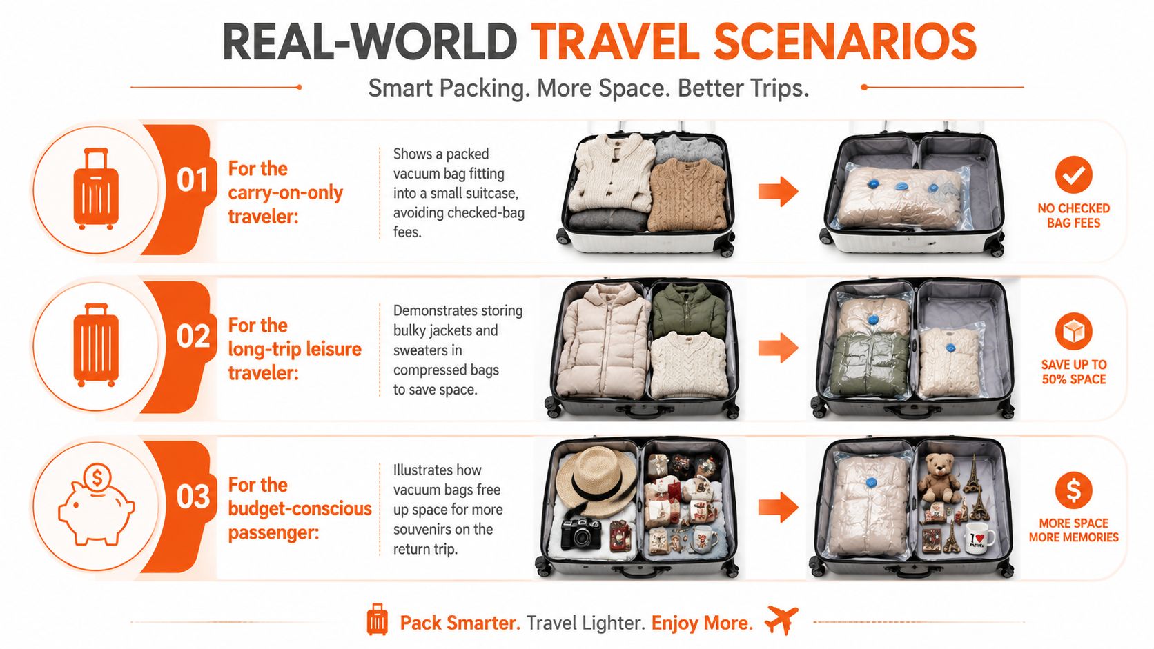 A visual guide illustrating how vacuum storage bags maximize luggage space for various types of travelers.