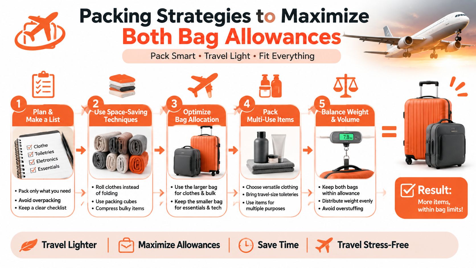 A travel infographic demonstrating five steps for optimizing packing strategies to maximize carry-on and personal bag allowances.