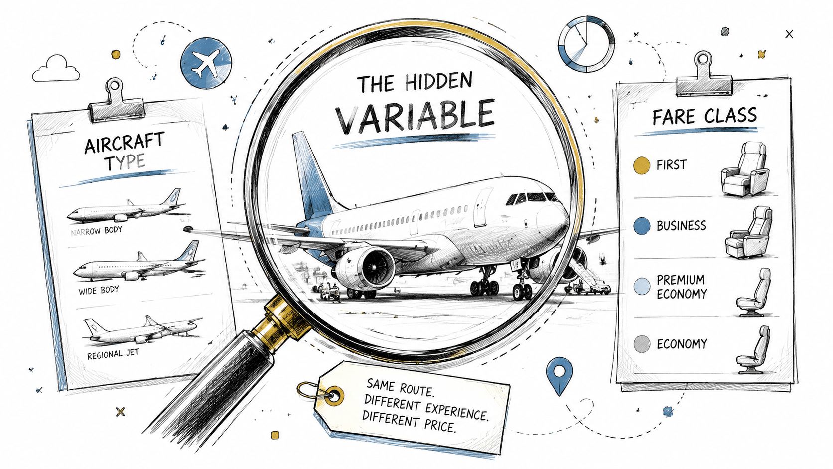 A magnifying glass focusing on an airplane, illustrating how aircraft type and fare class impact flight prices.