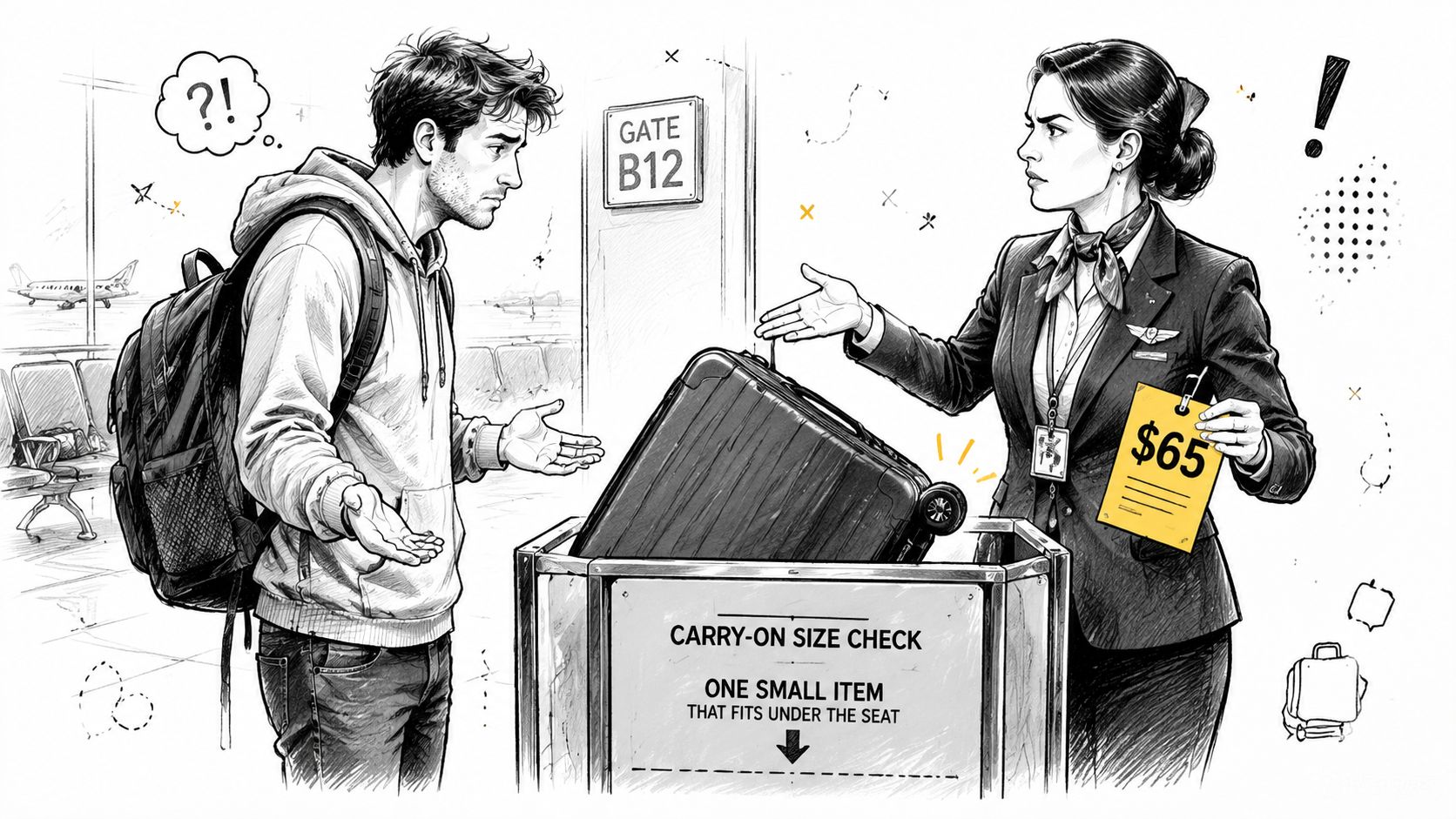 An airline attendant informs a confused passenger that his carry-on suitcase is too large for the flight.