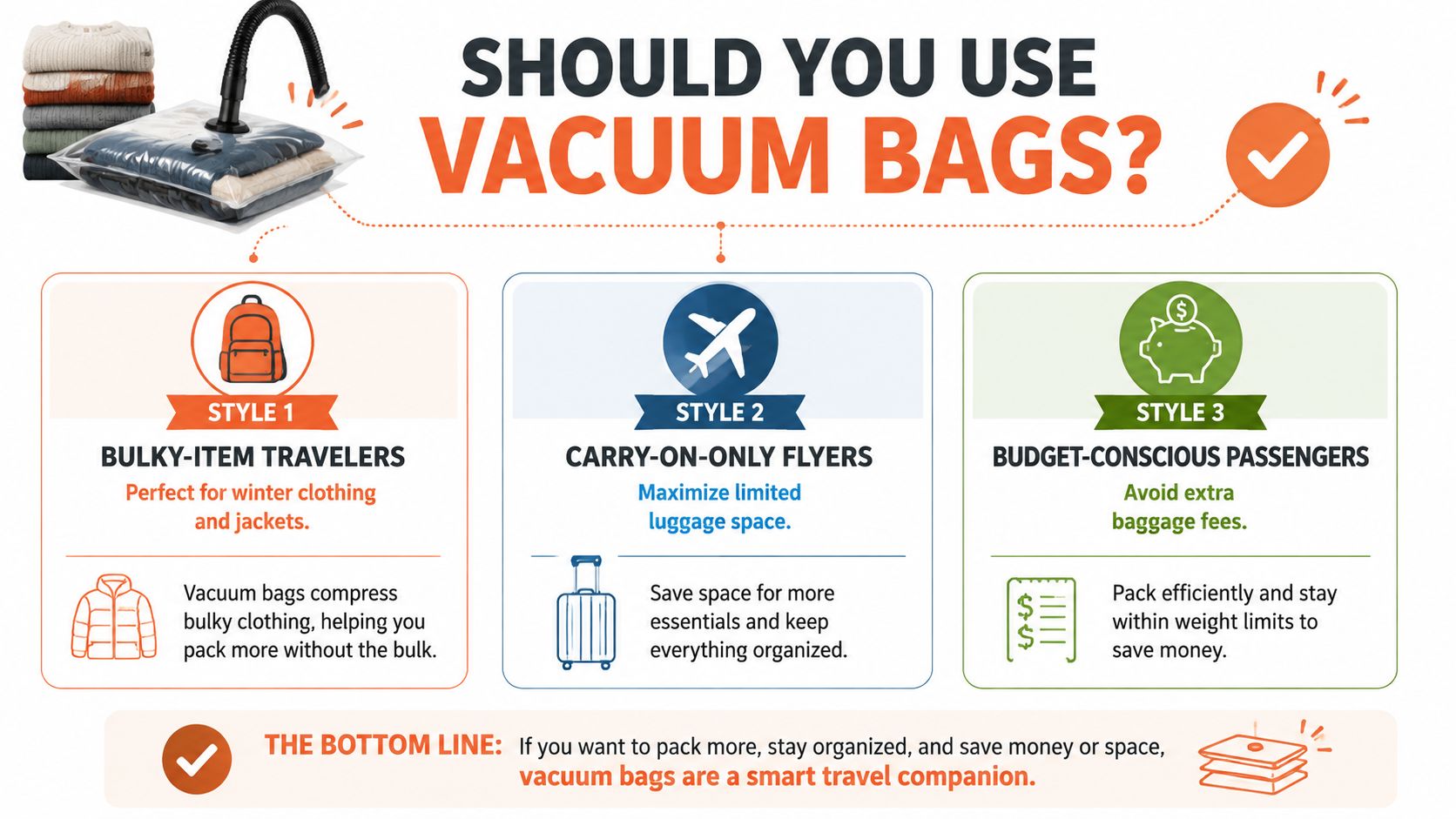 An infographic titled Should You Use Vacuum Bags illustrating how they help travelers save space and money.