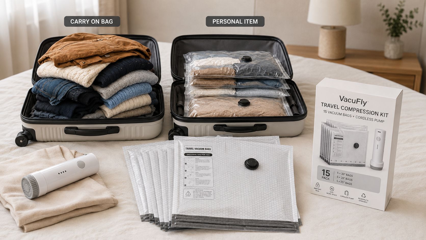 VacuFly Travel Compression Kit, 15 Vacuum Bags + Cordless Pump